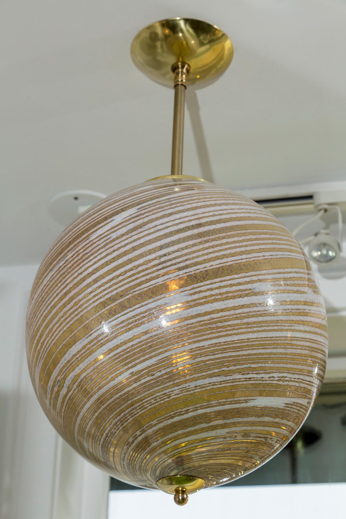 Italian Murano Blown Wheat Gold Swirl Globe Pendant, Contemporary, UL Certified For Sale