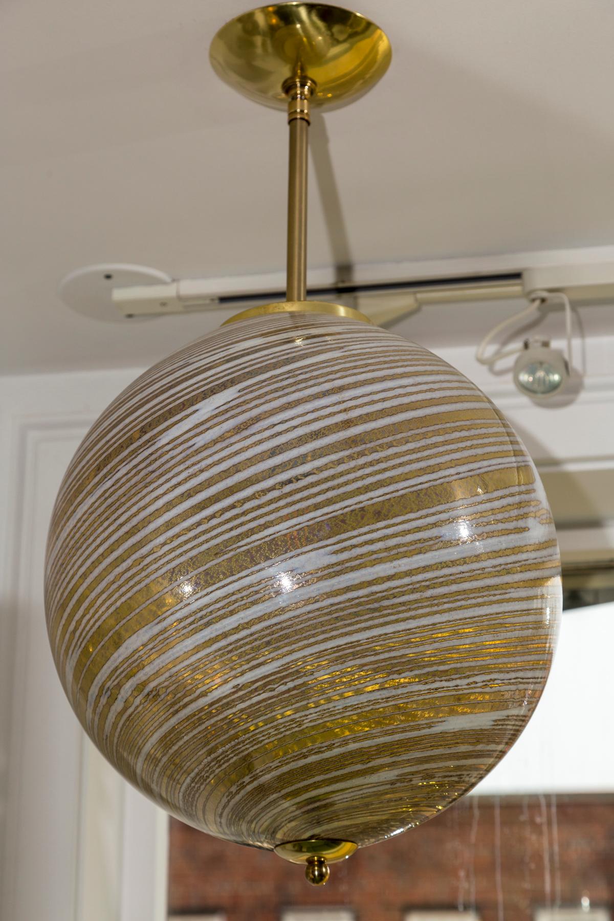 Murano Blown Wheat Gold Swirl Globe Pendant, Contemporary, UL Certified In New Condition For Sale In Westport, CT