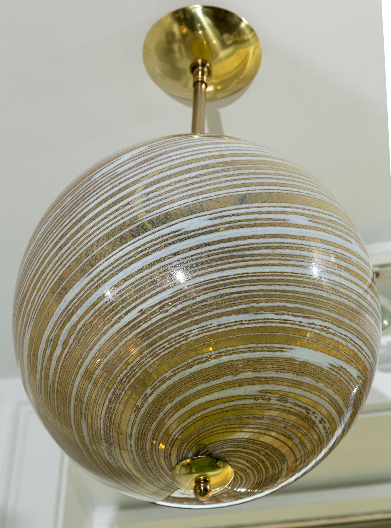 Blown Glass Murano Blown Wheat Gold Swirl Globe Pendant, Contemporary, UL Certified For Sale