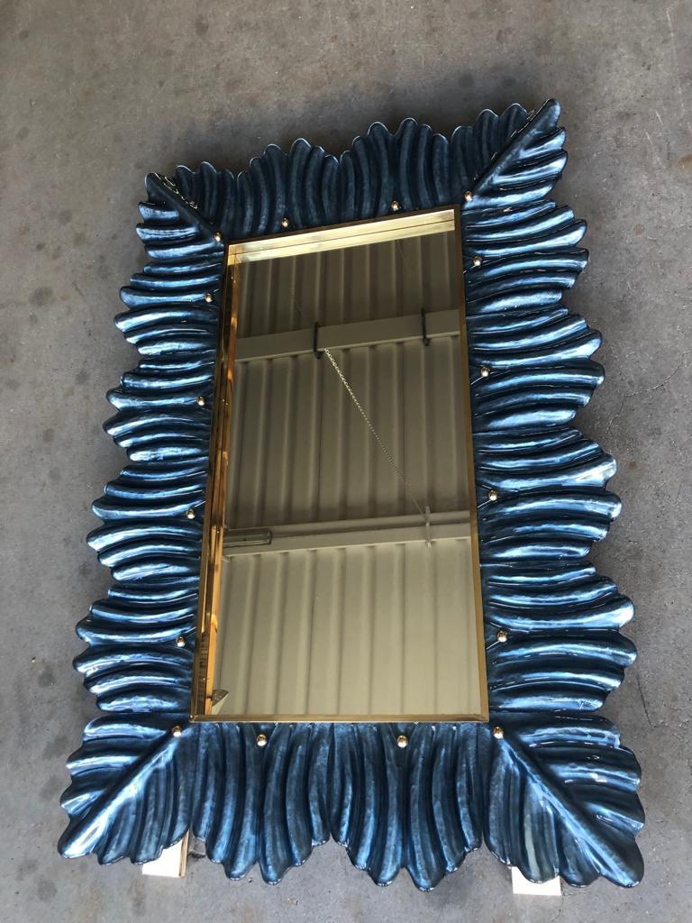 Murano Blu Color Glass and Brass Mid-Century Wall Mirror, 2000 For Sale 5