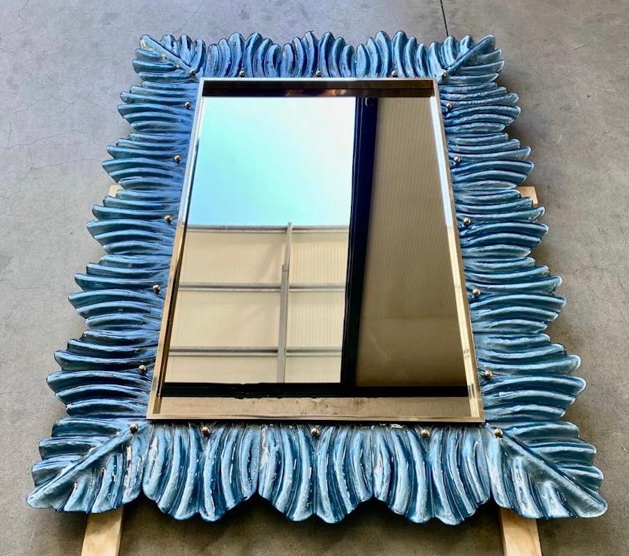Italian Murano Blu Color Glass and Brass Mid-Century Wall Mirror, 2000 For Sale