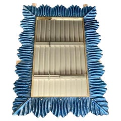 Miroir mural du milieu du siècle en verre de Murano de couleur bleue et laiton, 2000