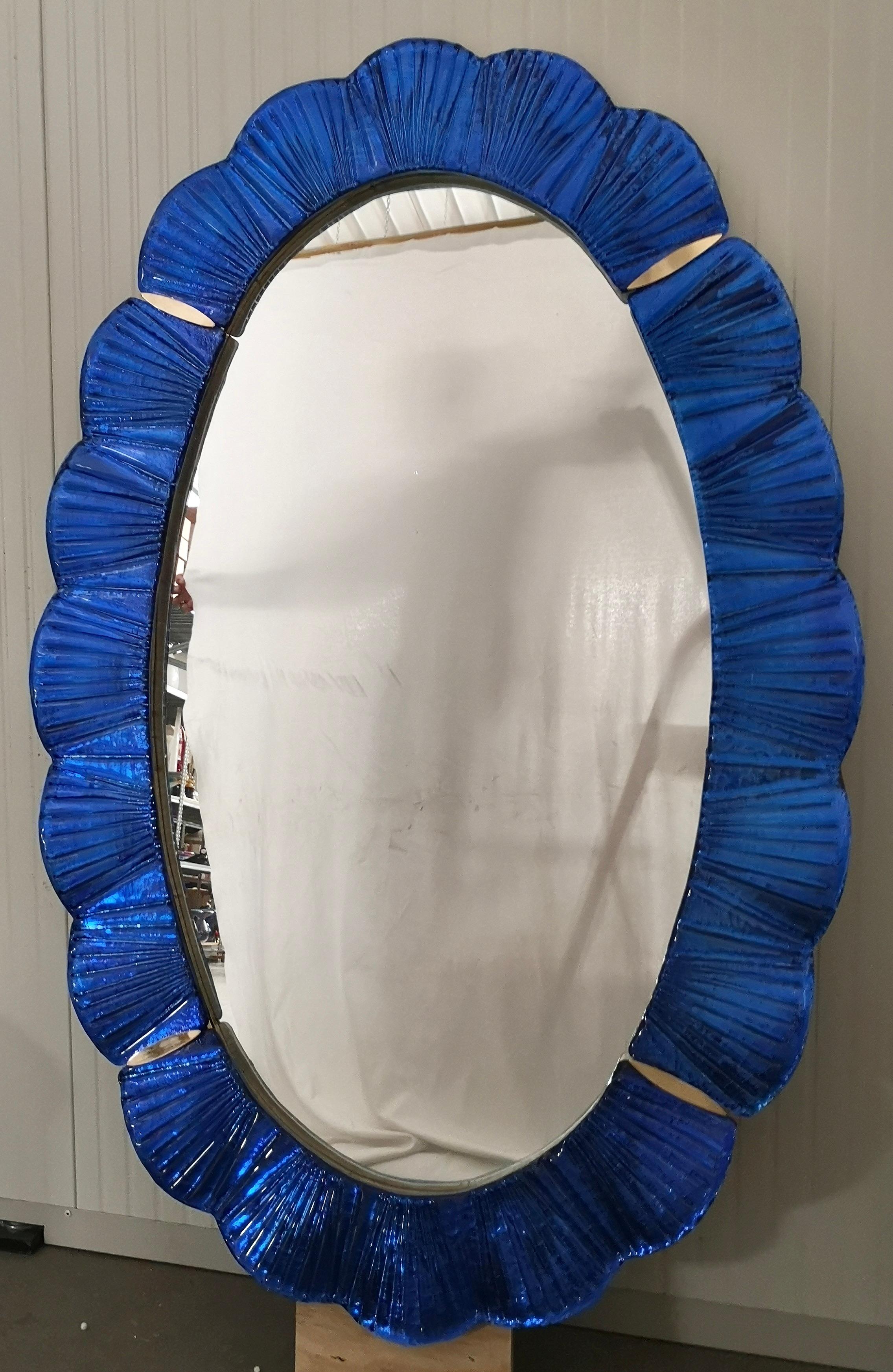 Murano Blu Glass and Brass Wall Mirror, 1990 For Sale 4