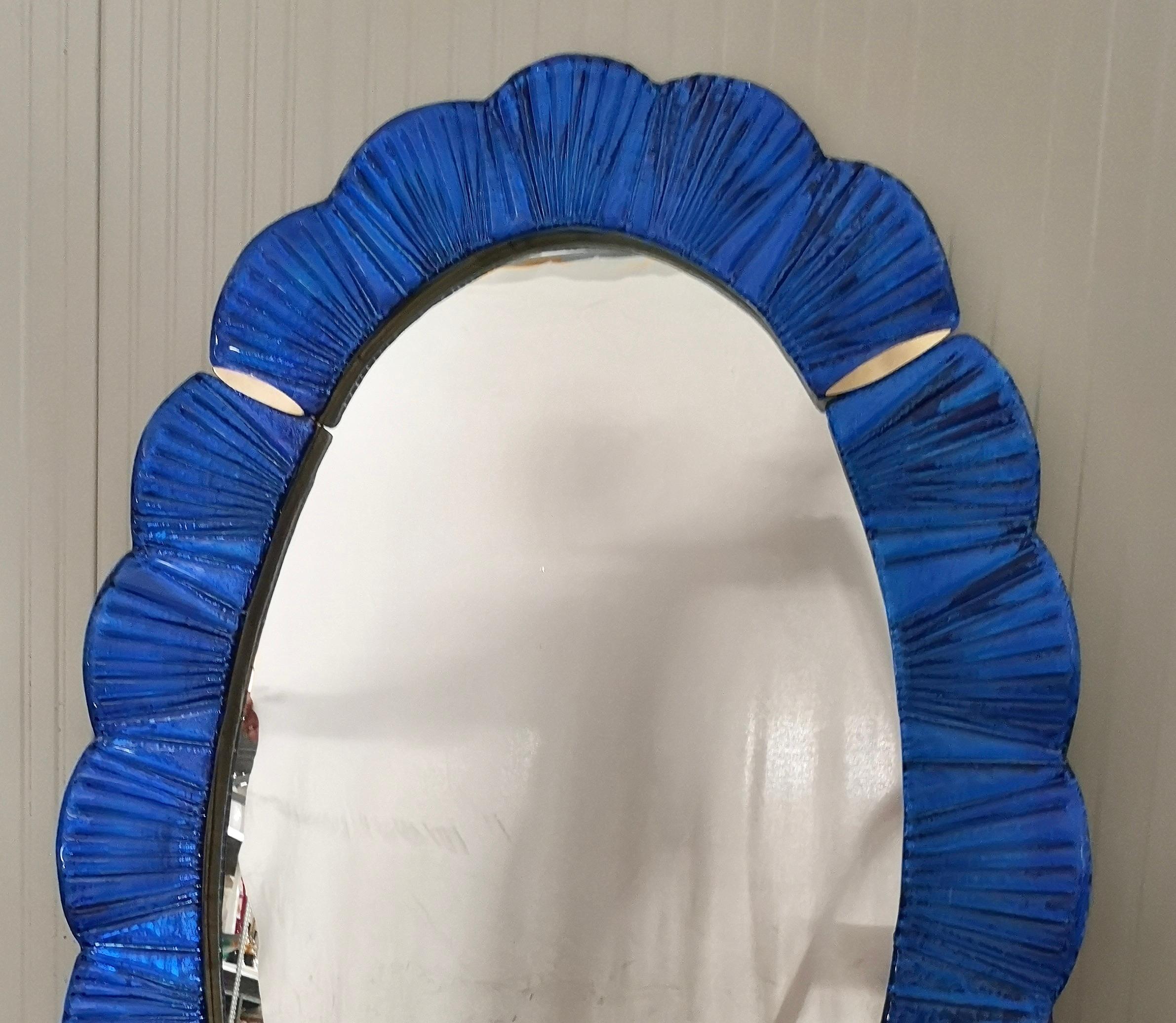 Late 20th Century Murano Blu Glass and Brass Wall Mirror, 1990 For Sale