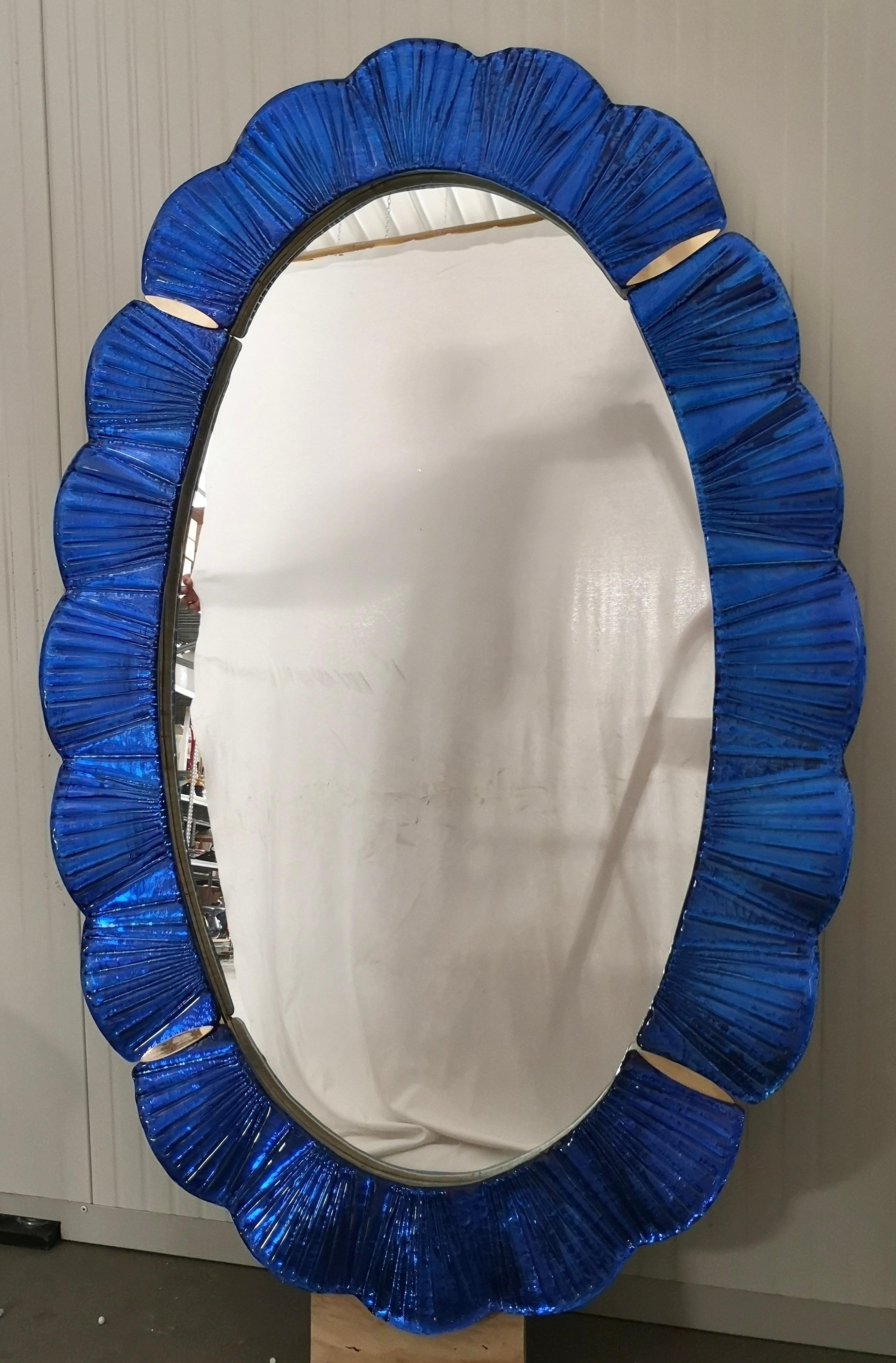 Murano Blu Glass and Brass Wall Mirror, 1990 For Sale 2