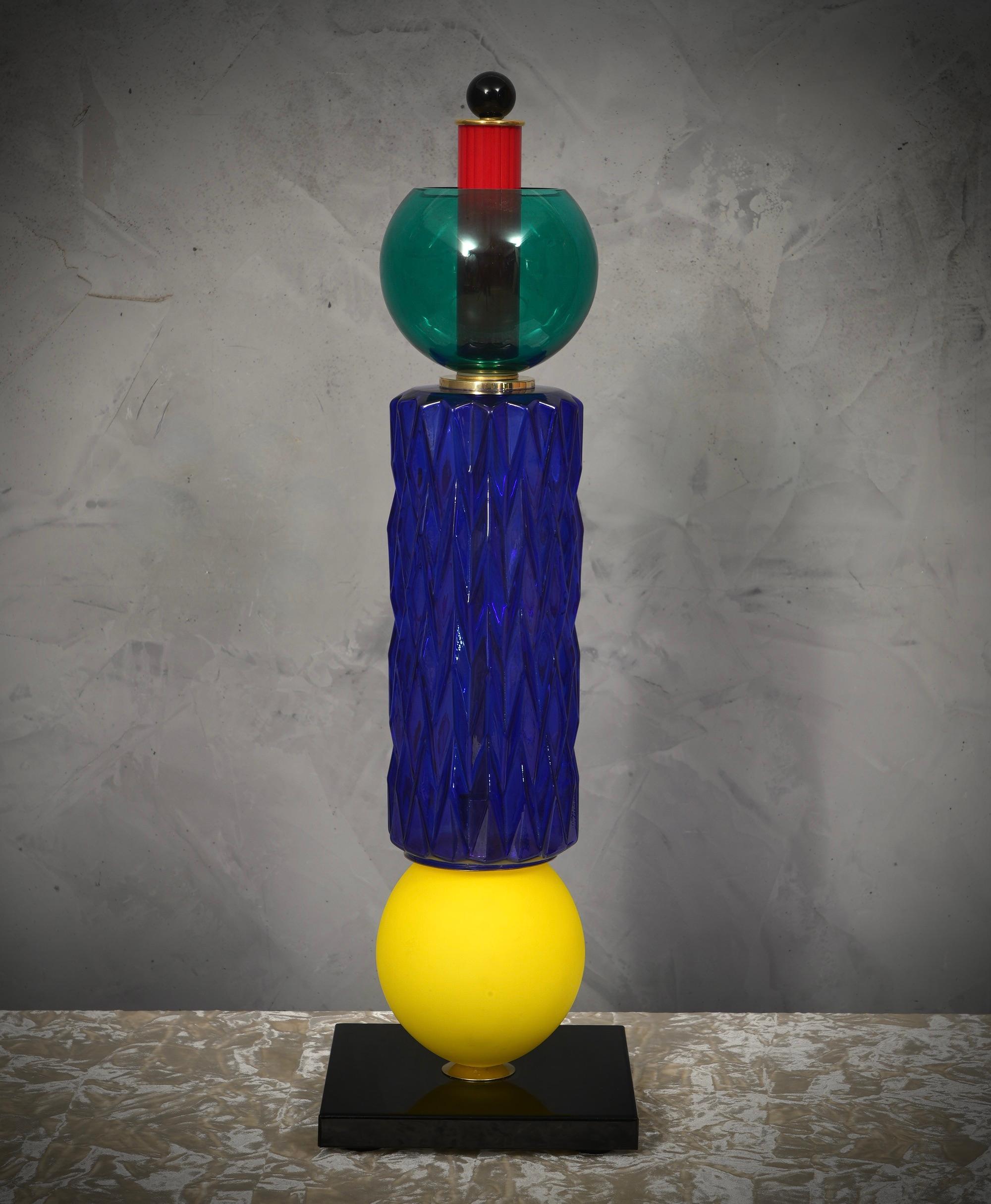 Murano Blu Yellow Green Red Art Glass and Brass Midcentury Table Lamp, 1990 For Sale 1