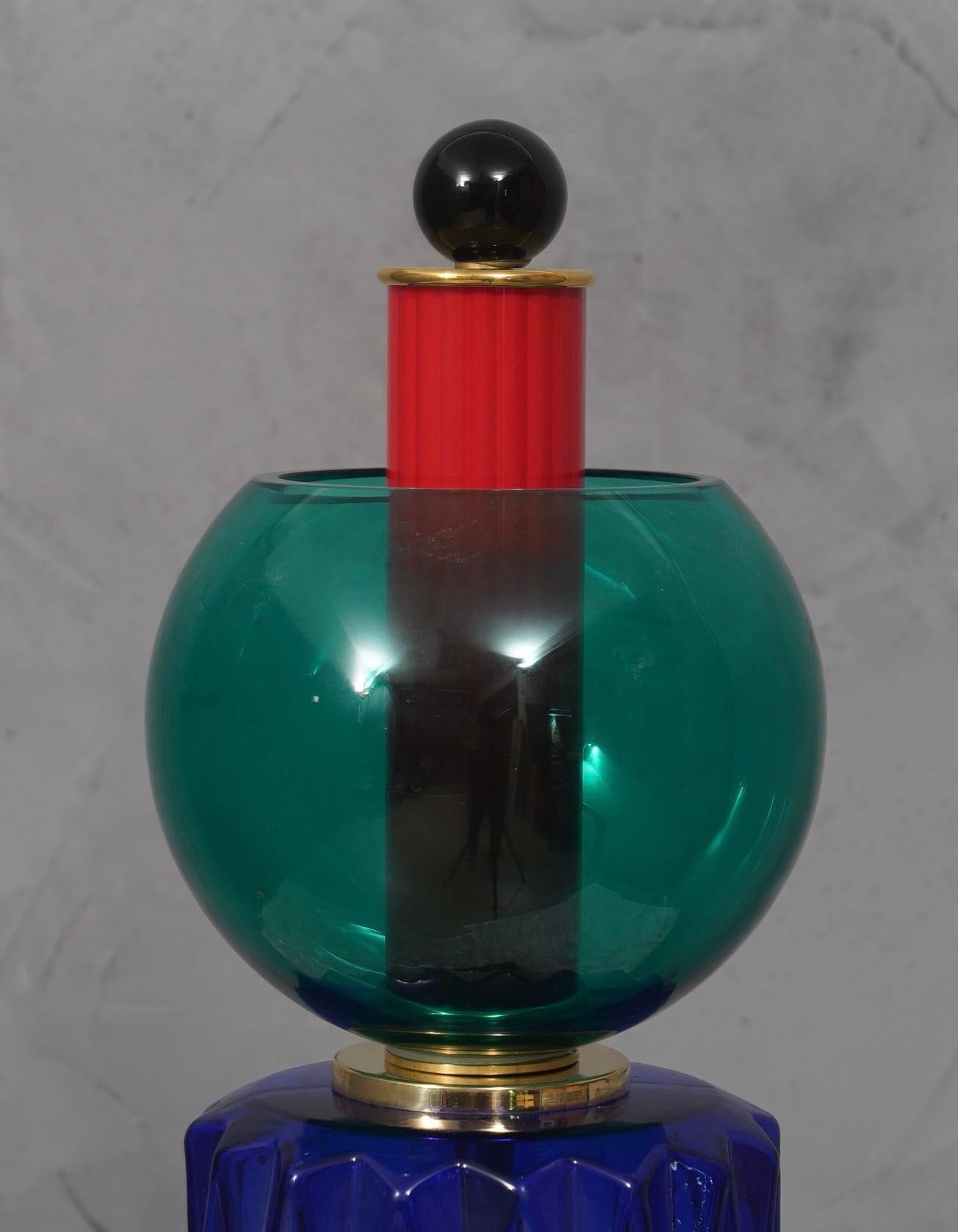 Murano Blu Yellow Green Red Art Glass and Brass Midcentury Table Lamp, 1990 For Sale 2