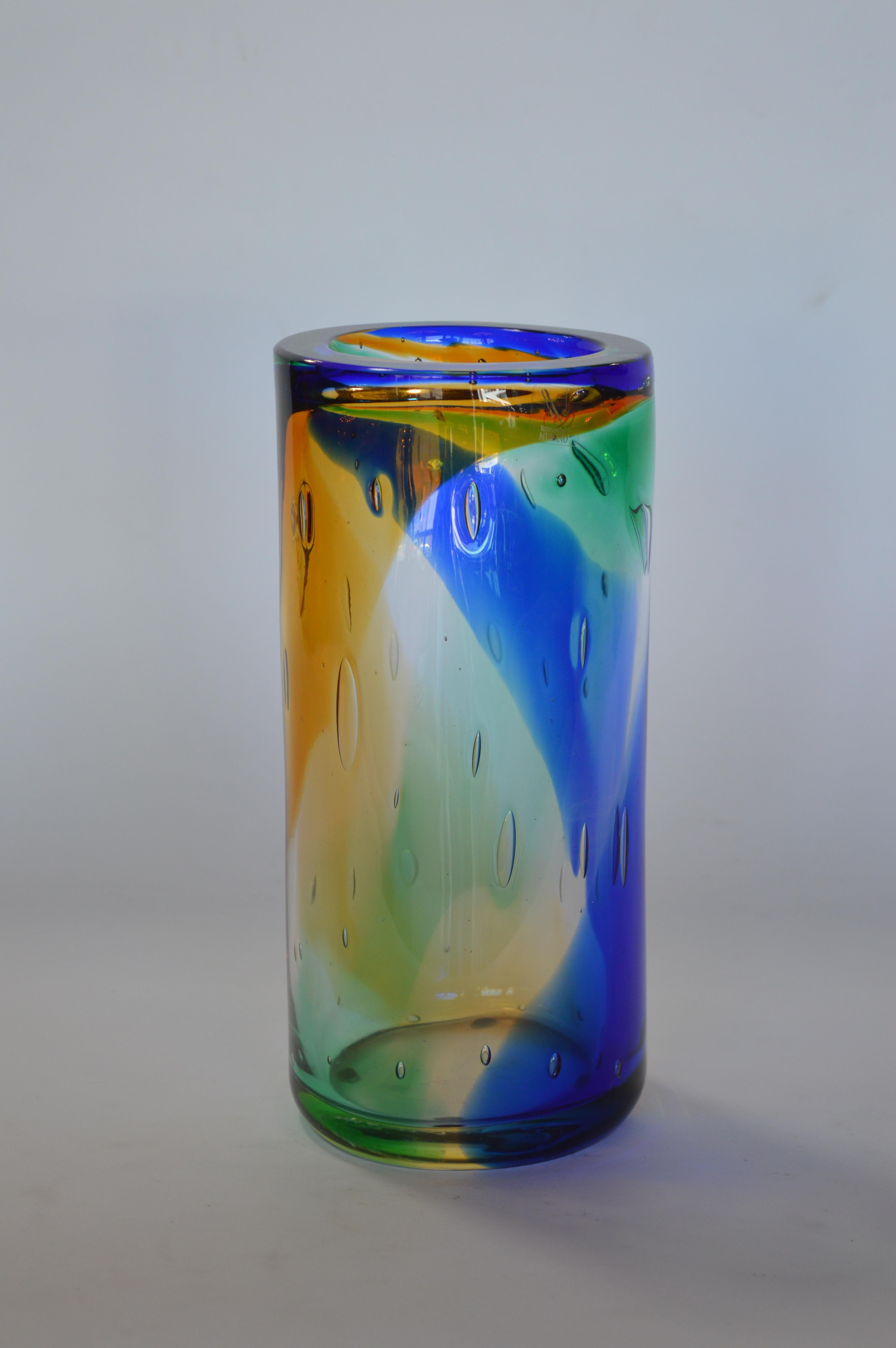 Beautiful Murano blue amber green cylinder vase by Camozzo.