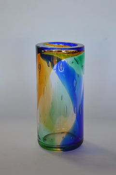 Vase cylindrique bleu ambré et vert ambré de Murano par Camozzo