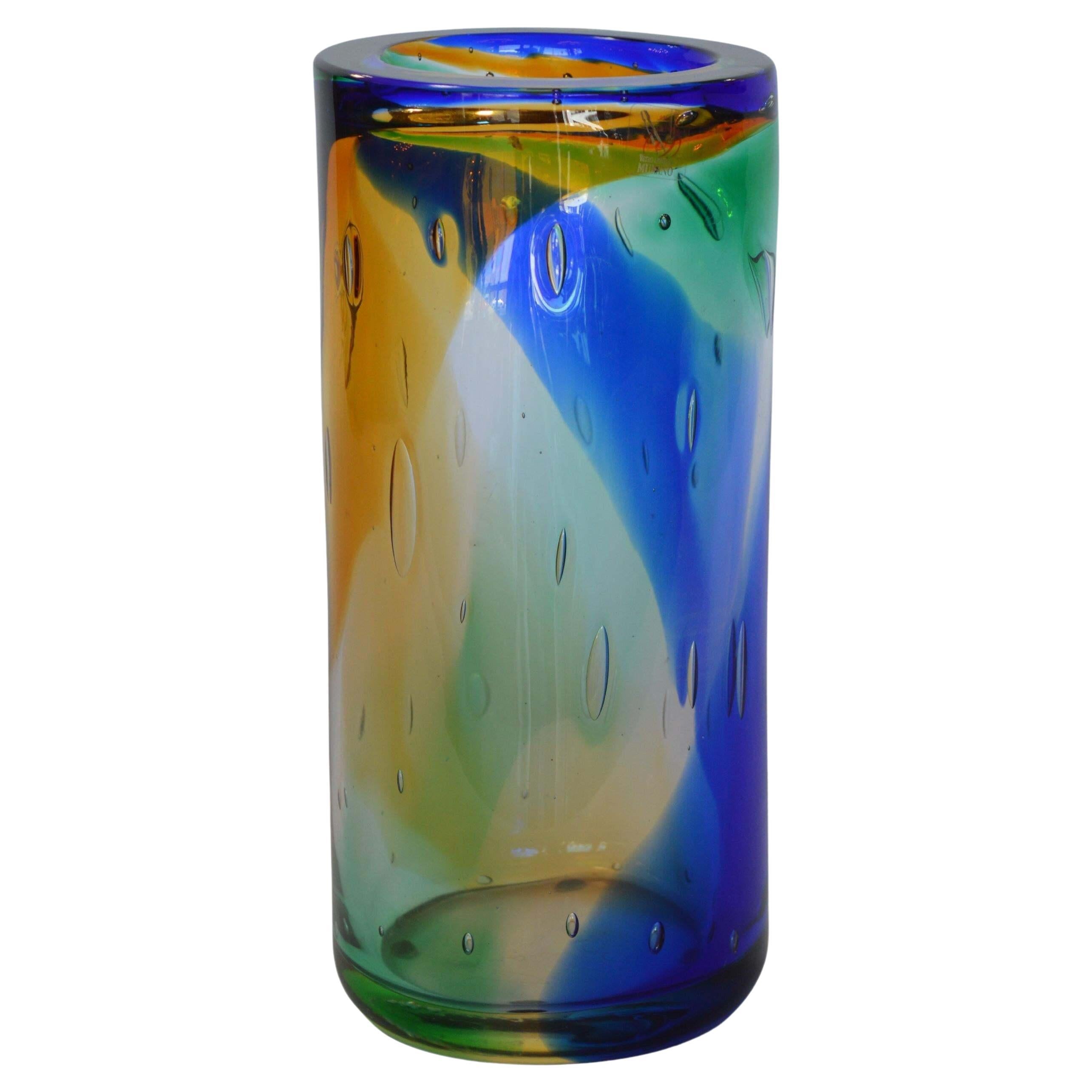 Zylindervase aus blauem und bernsteingrünem Muranoglas von Camozzo