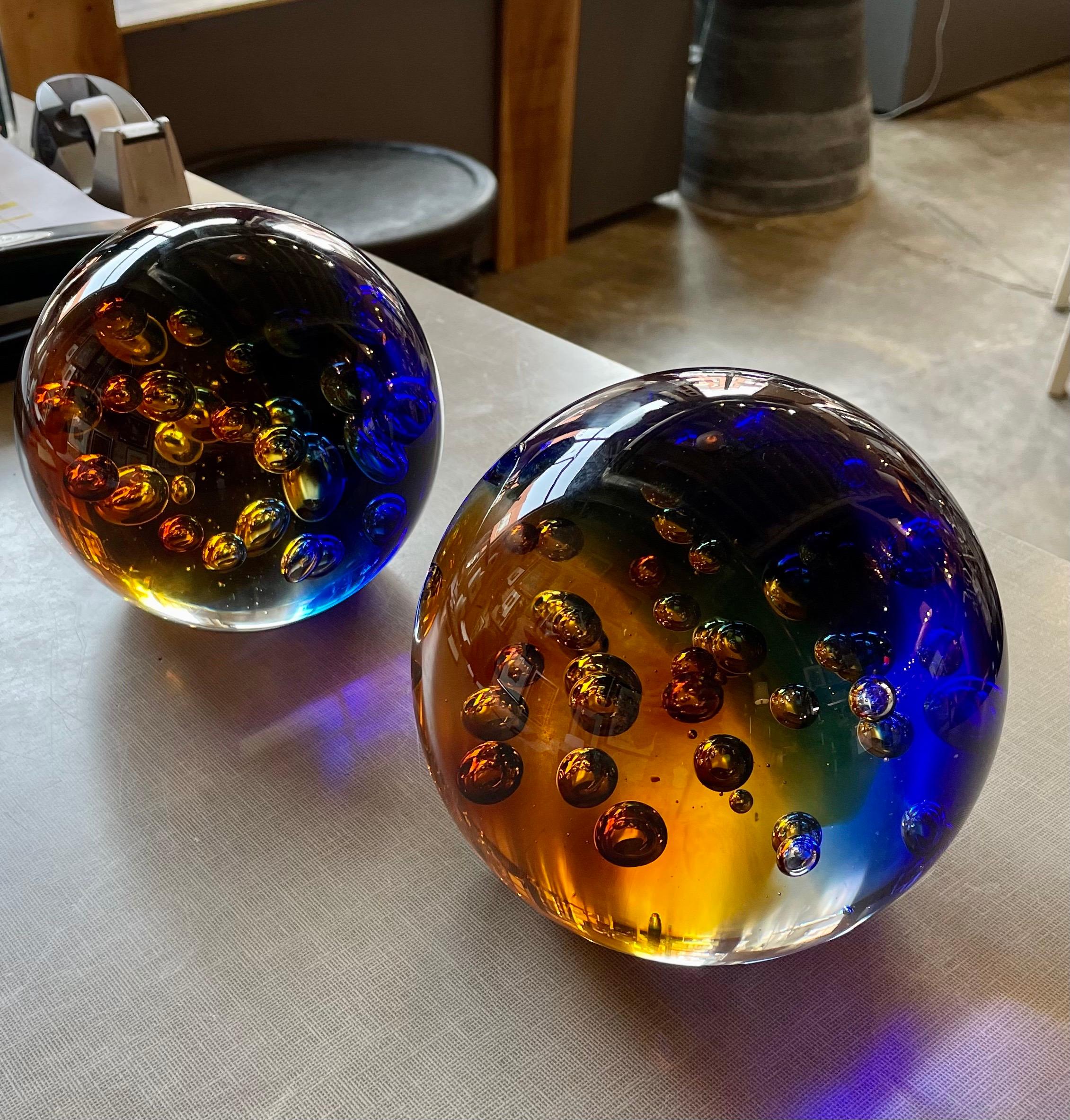 Murano blue and amber controlled bubble paperweight by Galaxy D’ Arte.