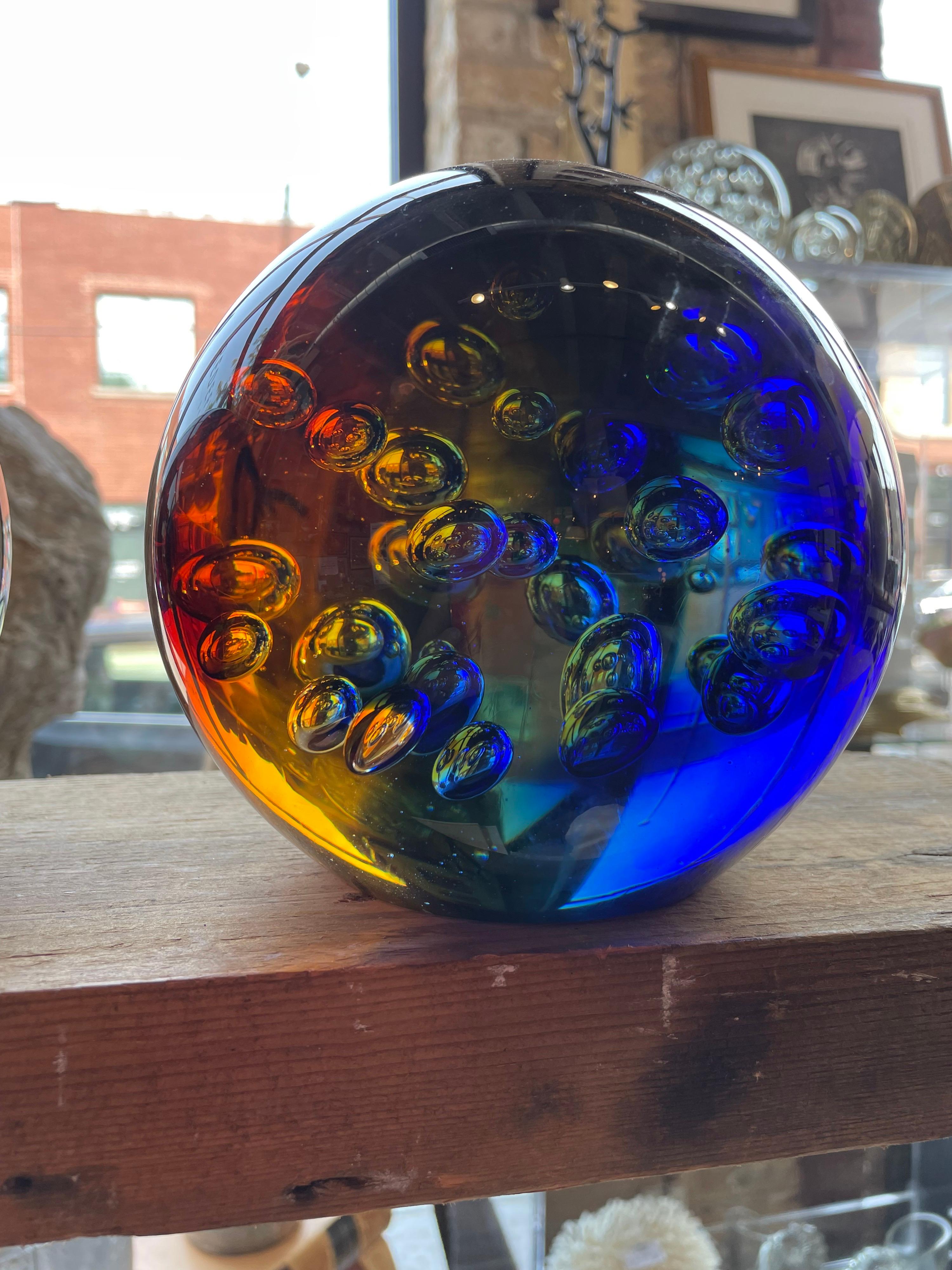 Italian Murano Blue and Amber Controlled Bubble Paperweight by Galaxy D’Arte For Sale