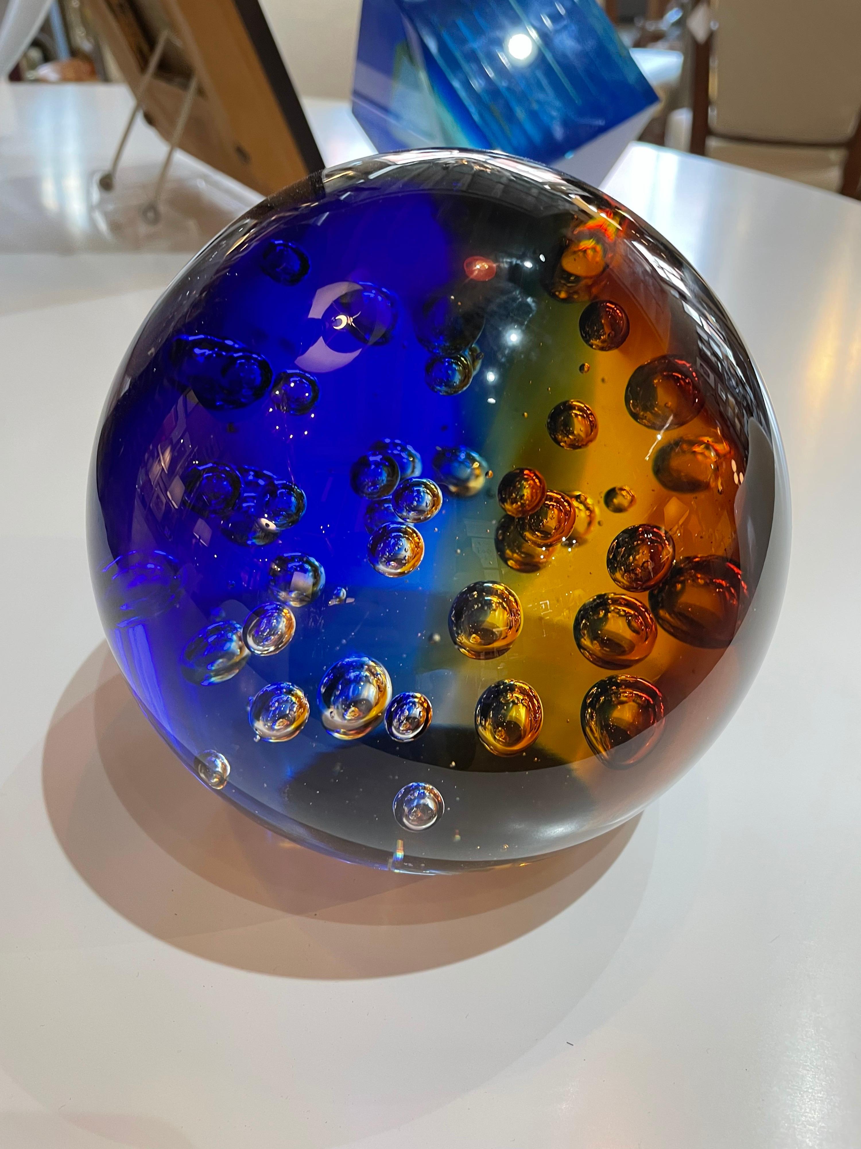 Murano Glass Murano Blue and Amber Controlled Bubble Paperweight by Galaxy D’Arte