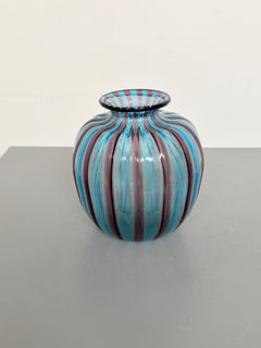 Murano Blue and Amethyst Ribbed Glass Vase with a Rounded, Bulbous Shape
