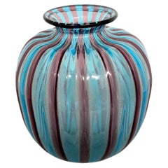Murano Blue and Amethyst Ribbed Glass Vase with a Rounded, Bulbous Shape