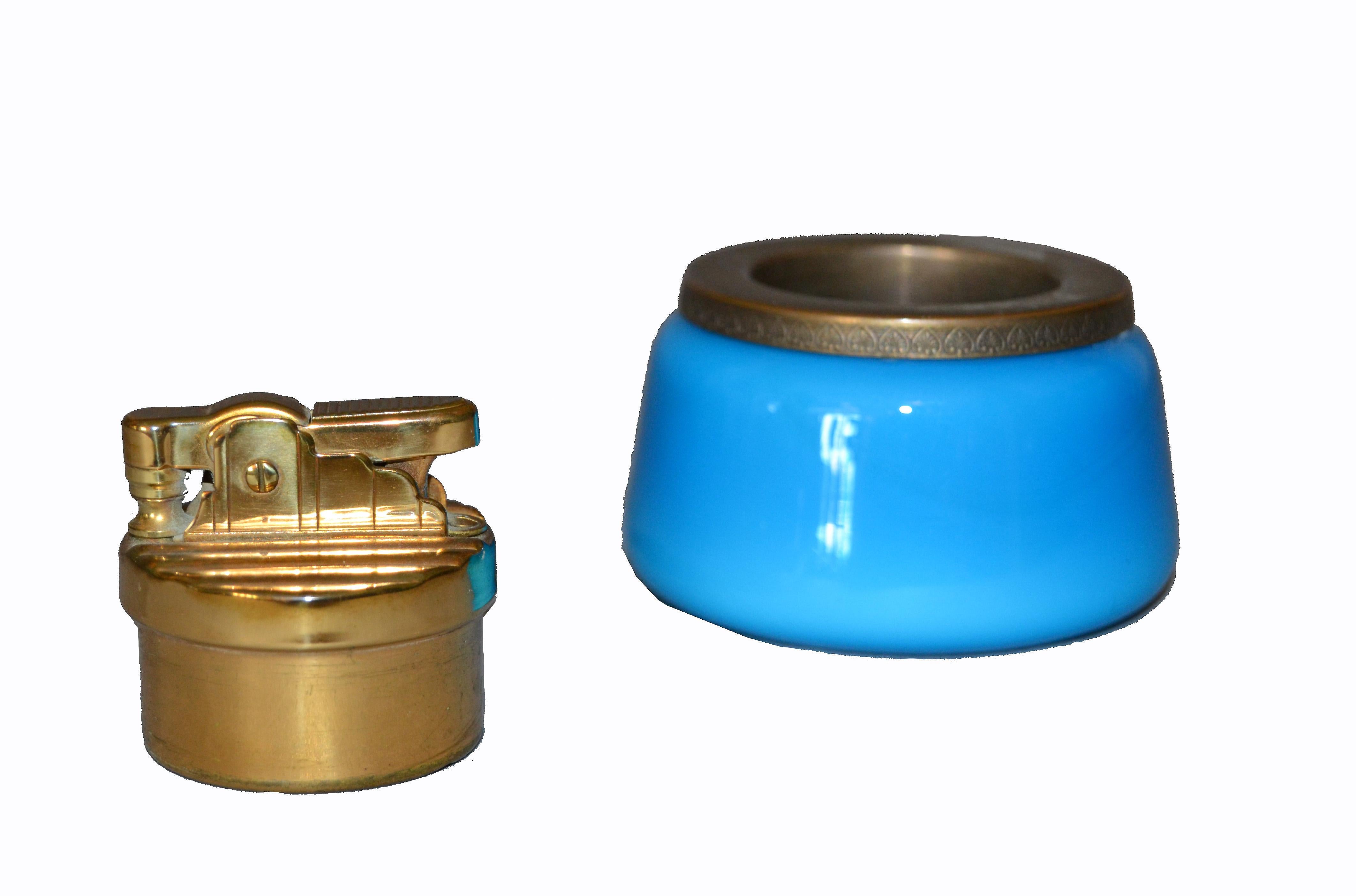 Murano Blue and Brass Lighter with Italian Art Glass Ashtray 6