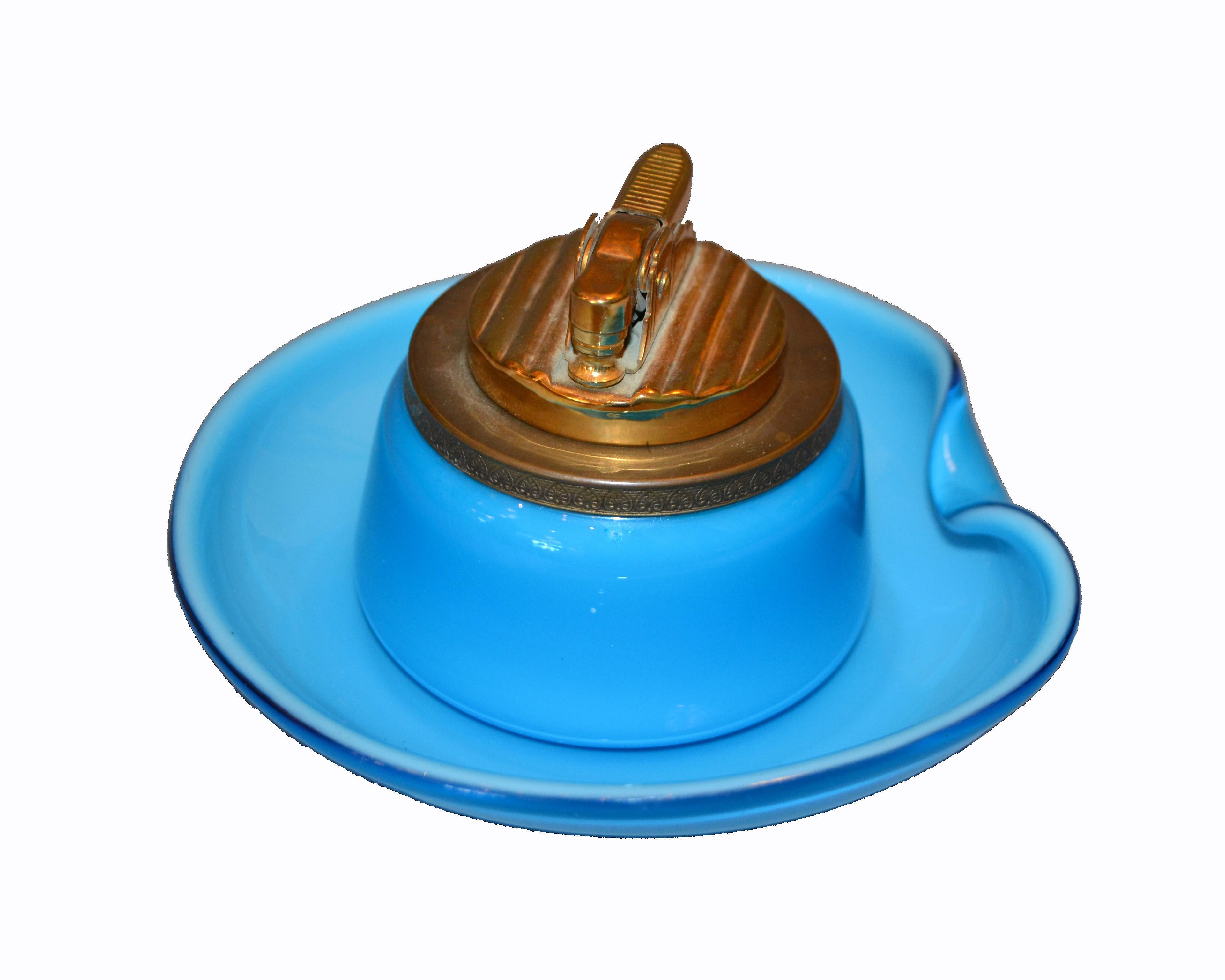 Murano Blue and Brass Lighter with Italian Art Glass Ashtray 6