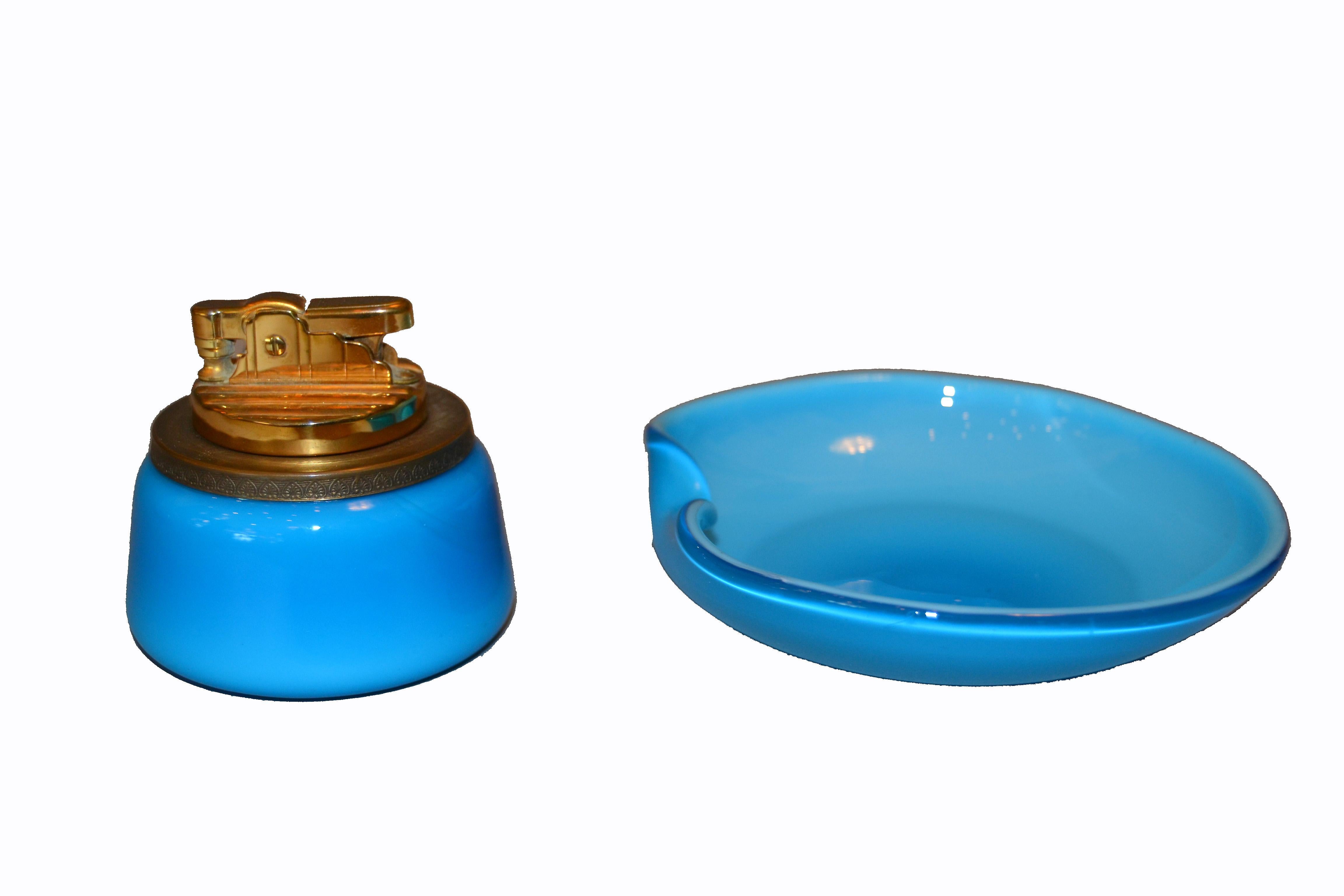 Mid-Century Modern Murano Blue and Brass Lighter with Italian Art Glass Ashtray