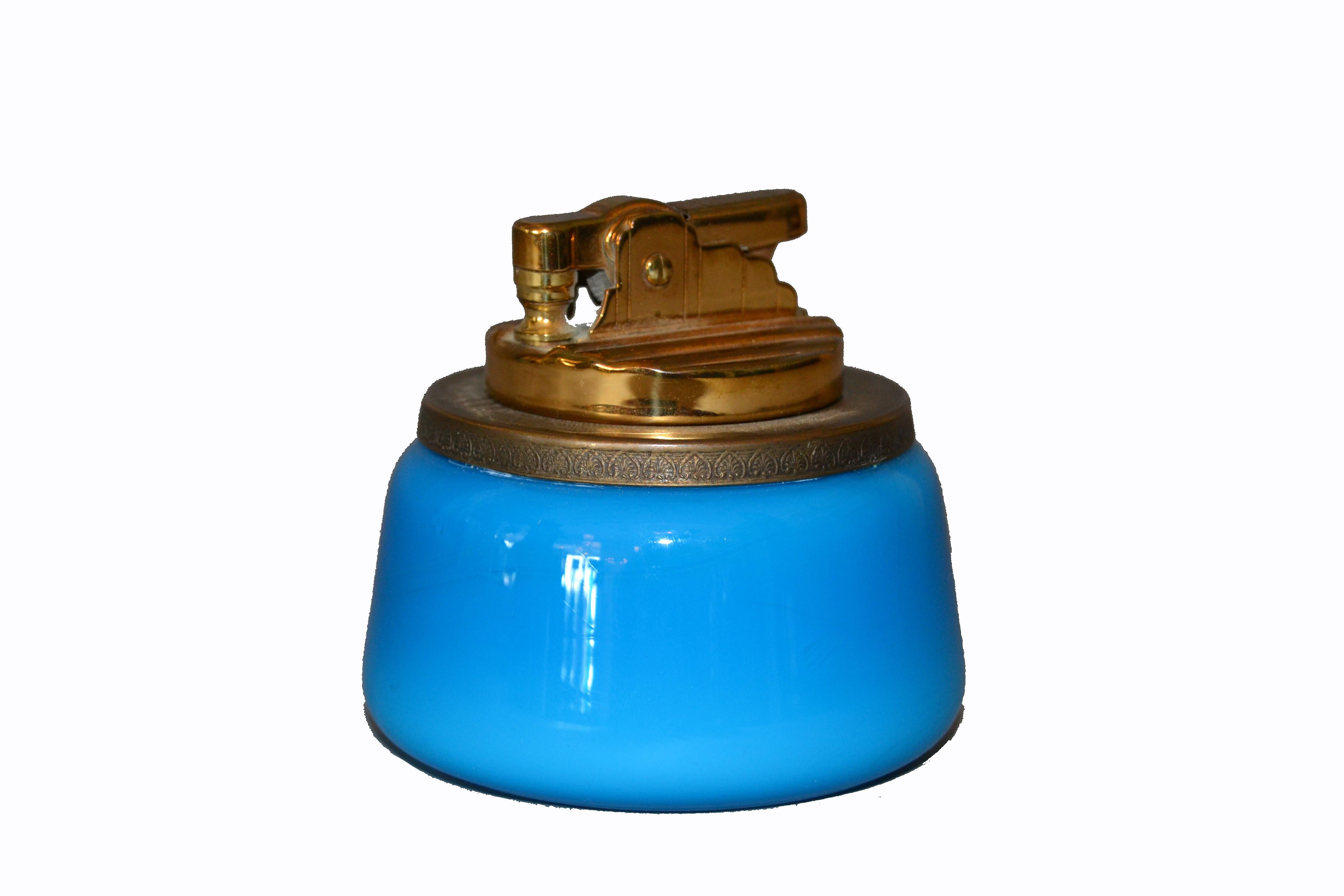 Murano Blue and Brass Lighter with Italian Art Glass Ashtray 2