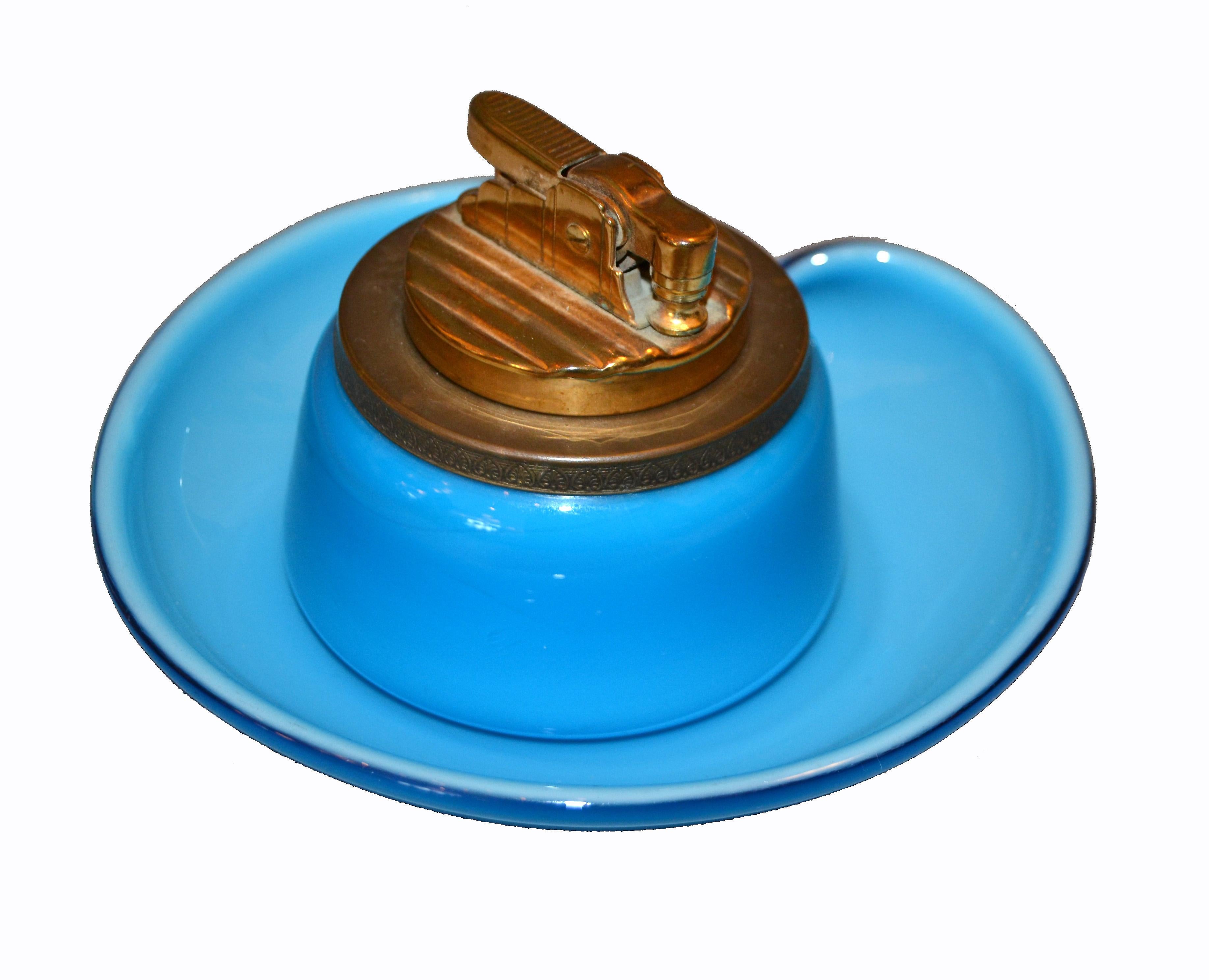 Murano Blue and Brass Lighter with Italian Art Glass Ashtray 3