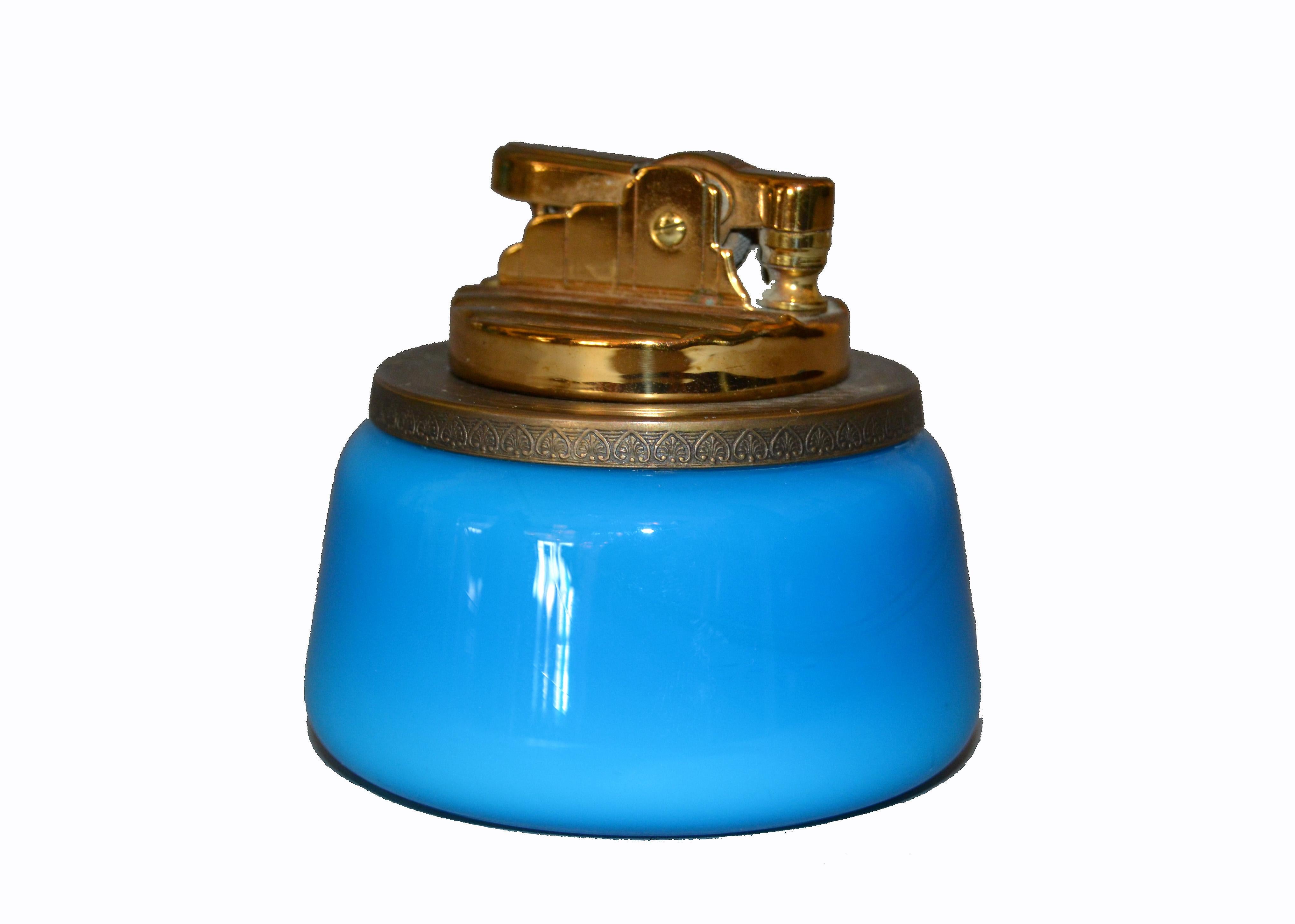 Murano Blue and Brass Lighter with Italian Art Glass Ashtray 2