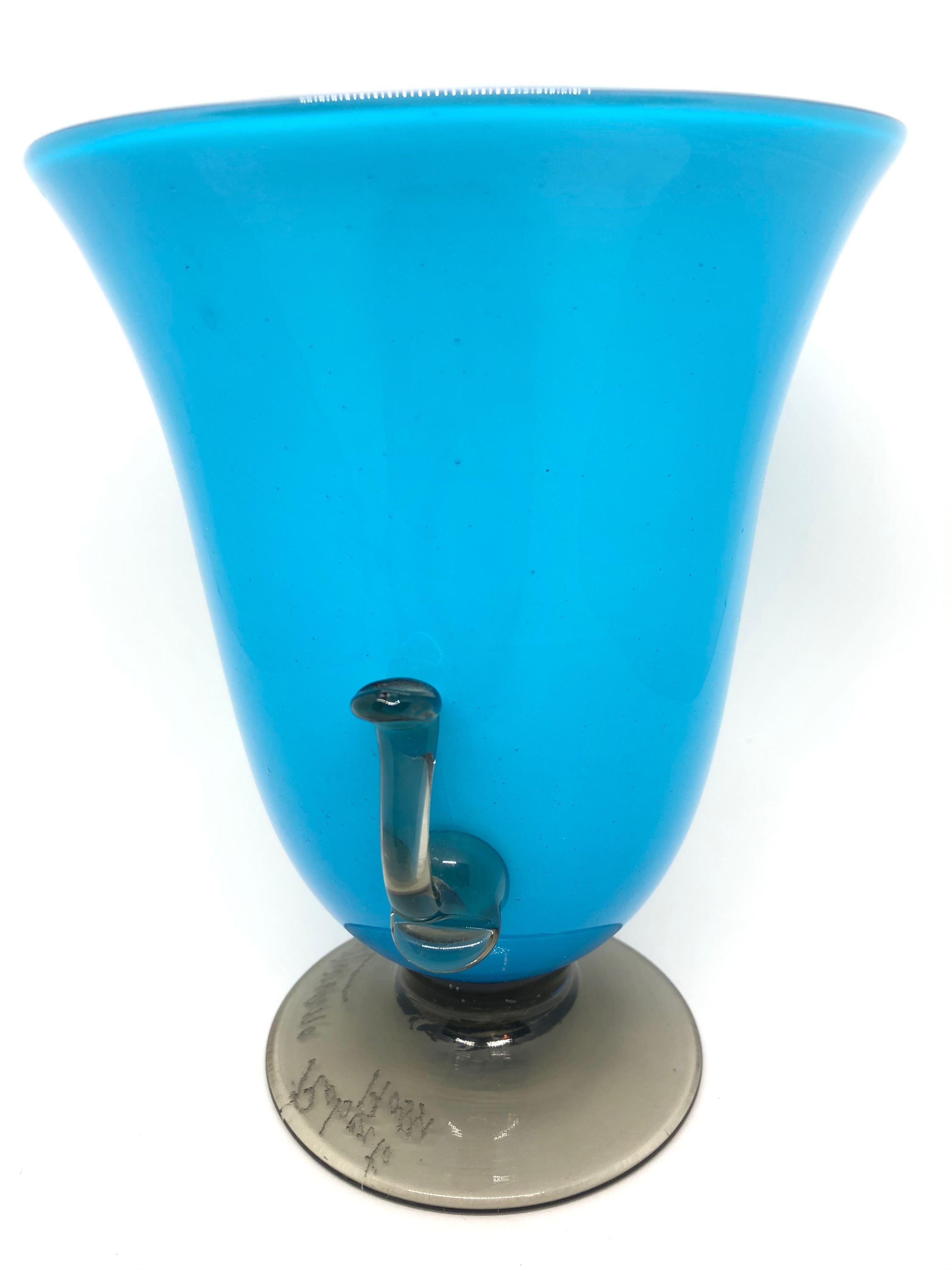 Neoclassical Murano Blue and Smoked Art Glass Urn Vase, Signed by Roberto Rossi, Italy For Sale