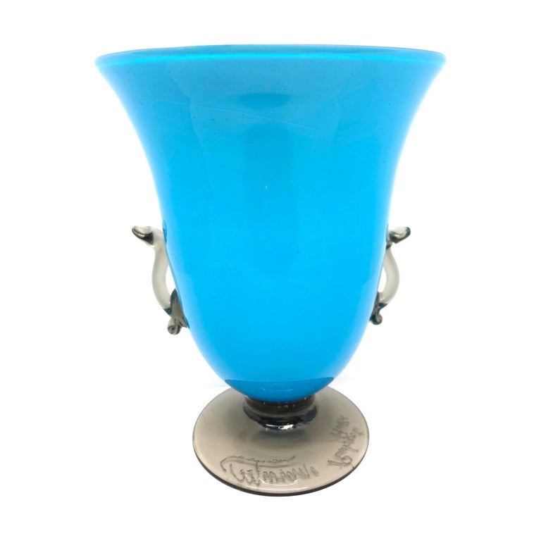Murano Blue and Smoked Art Glass Urn Vase, Signed by Roberto Rossi, Italy For Sale