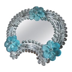 Murano Blue and White Glass Small Table or Wall Mirror, 1960s, Italy