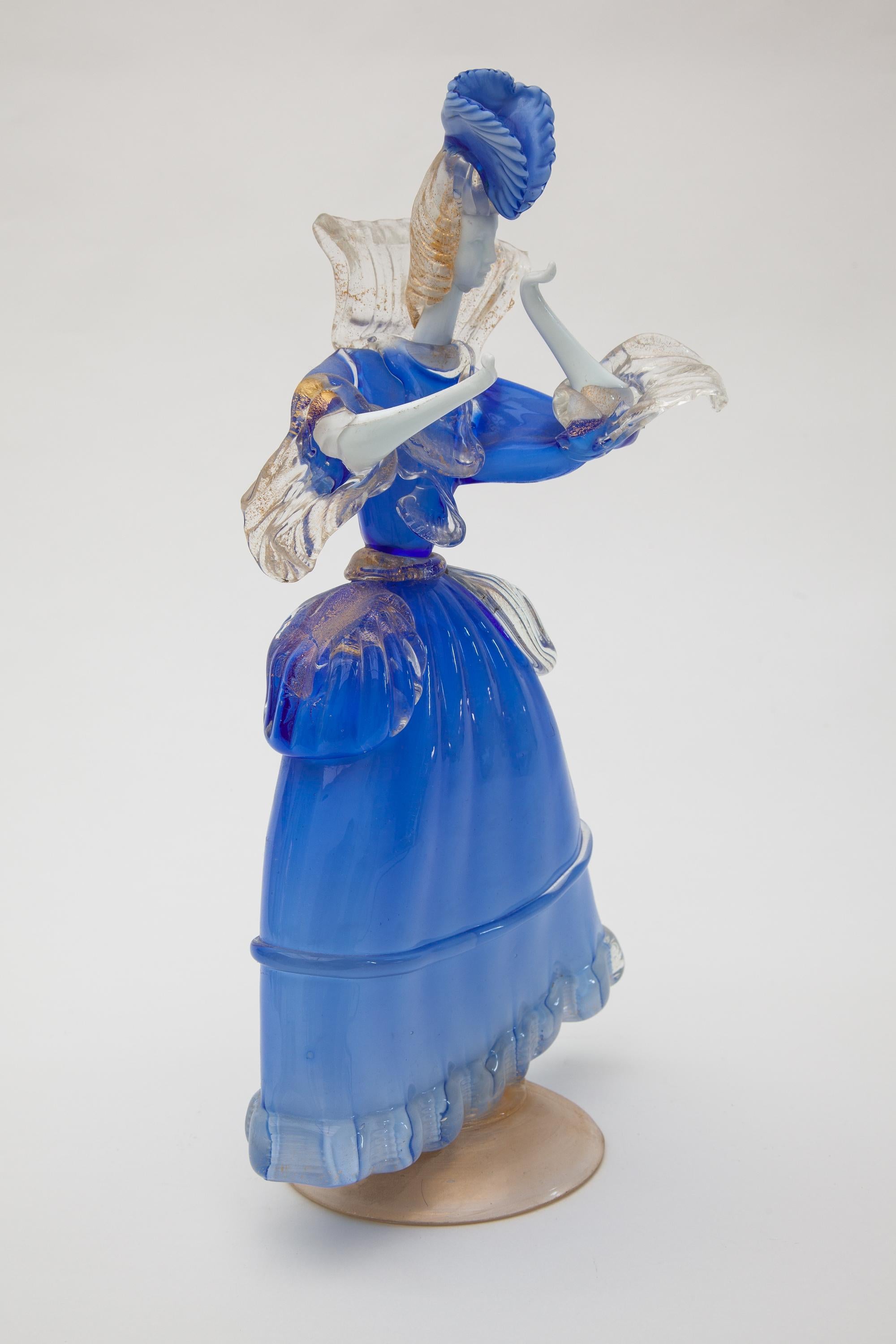 Italian Murano Blue and White Opal Art Glass Victorian Lady Sculpture, Italy, 1960s