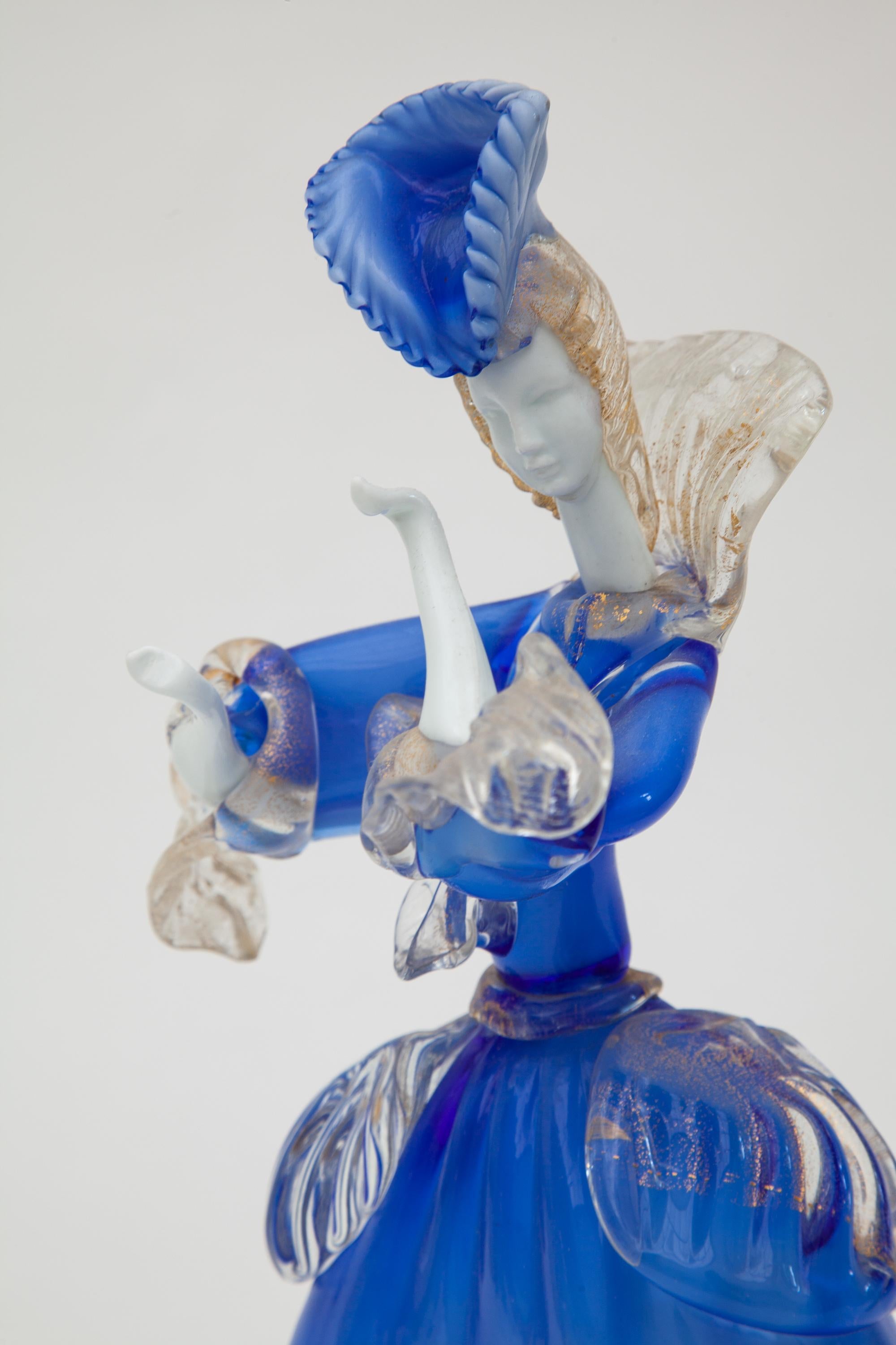 Mid-20th Century Murano Blue and White Opal Art Glass Victorian Lady Sculpture, Italy, 1960s