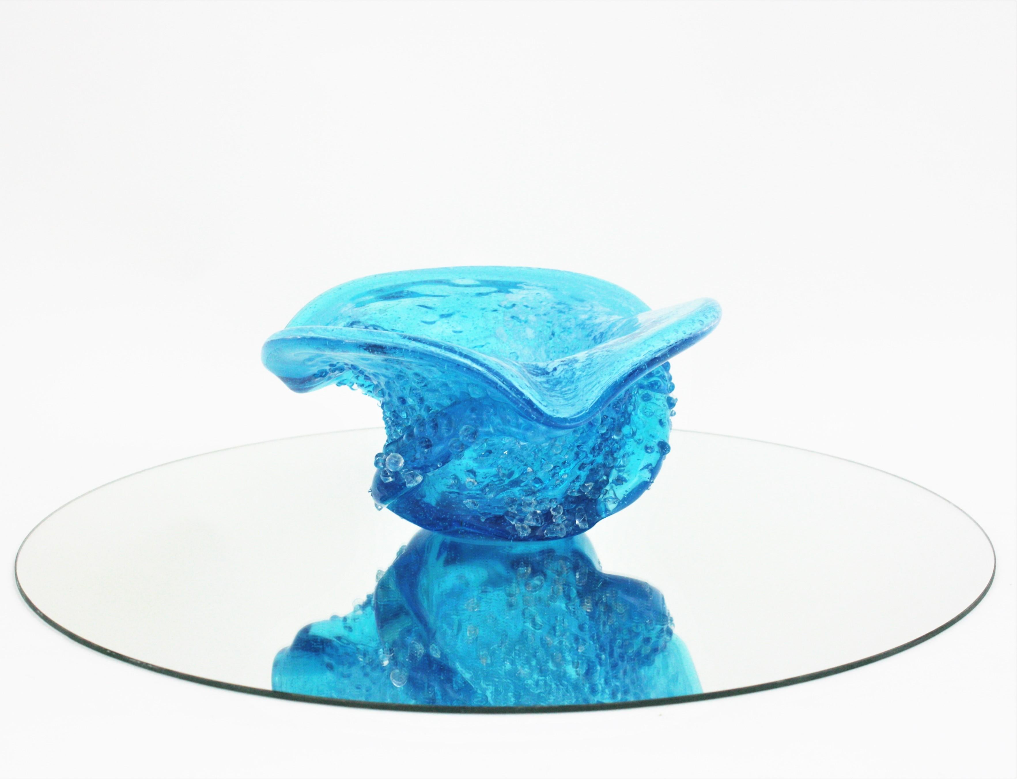 Tafelaufsatz Schale aus blauem Muranoglas mit aufgesetzten Klarglastropfen im Angebot 4