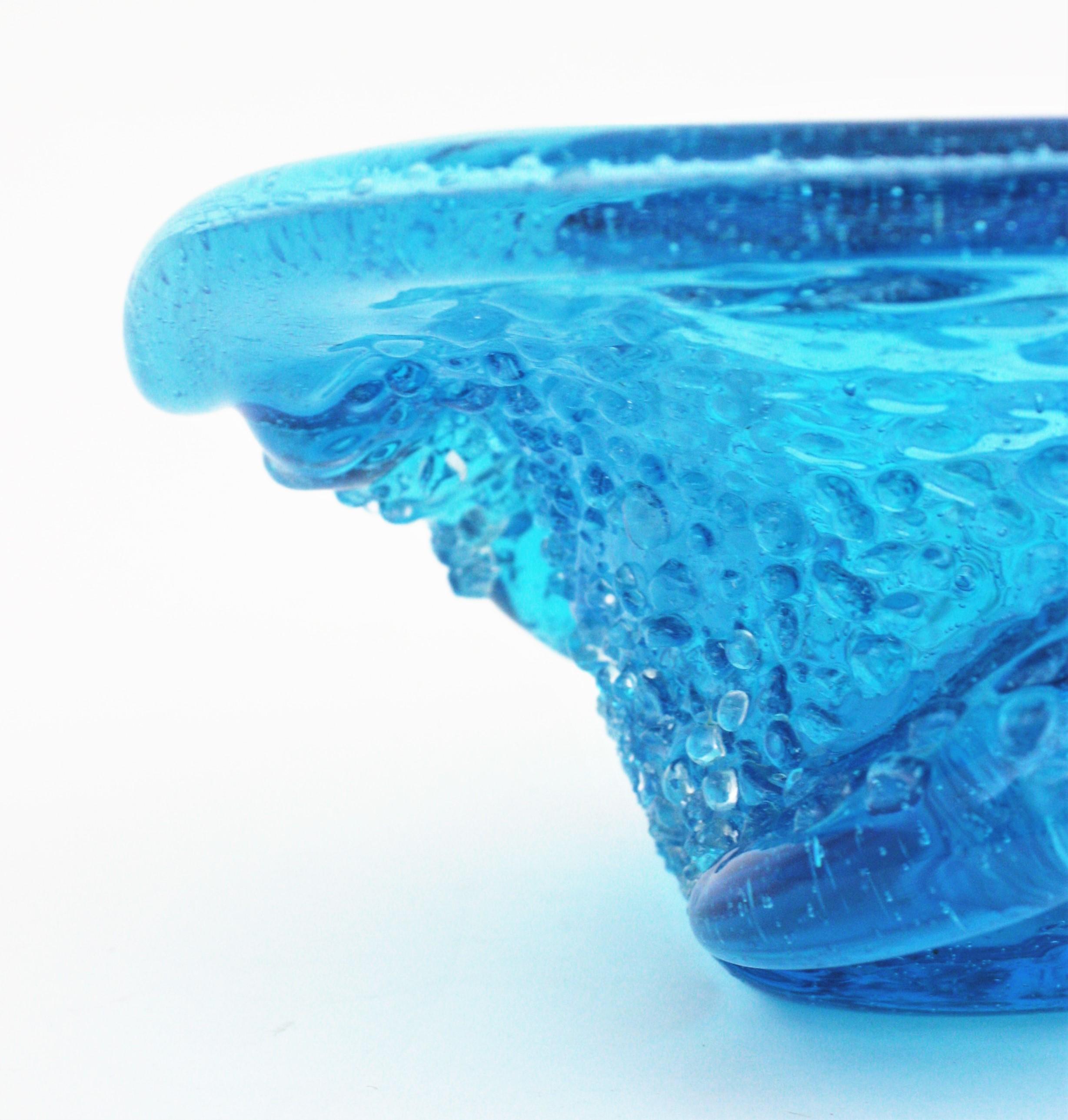 Murano Blue Art Glass Centerpiece Bowl with Applied Clear Glass Drops For Sale 9