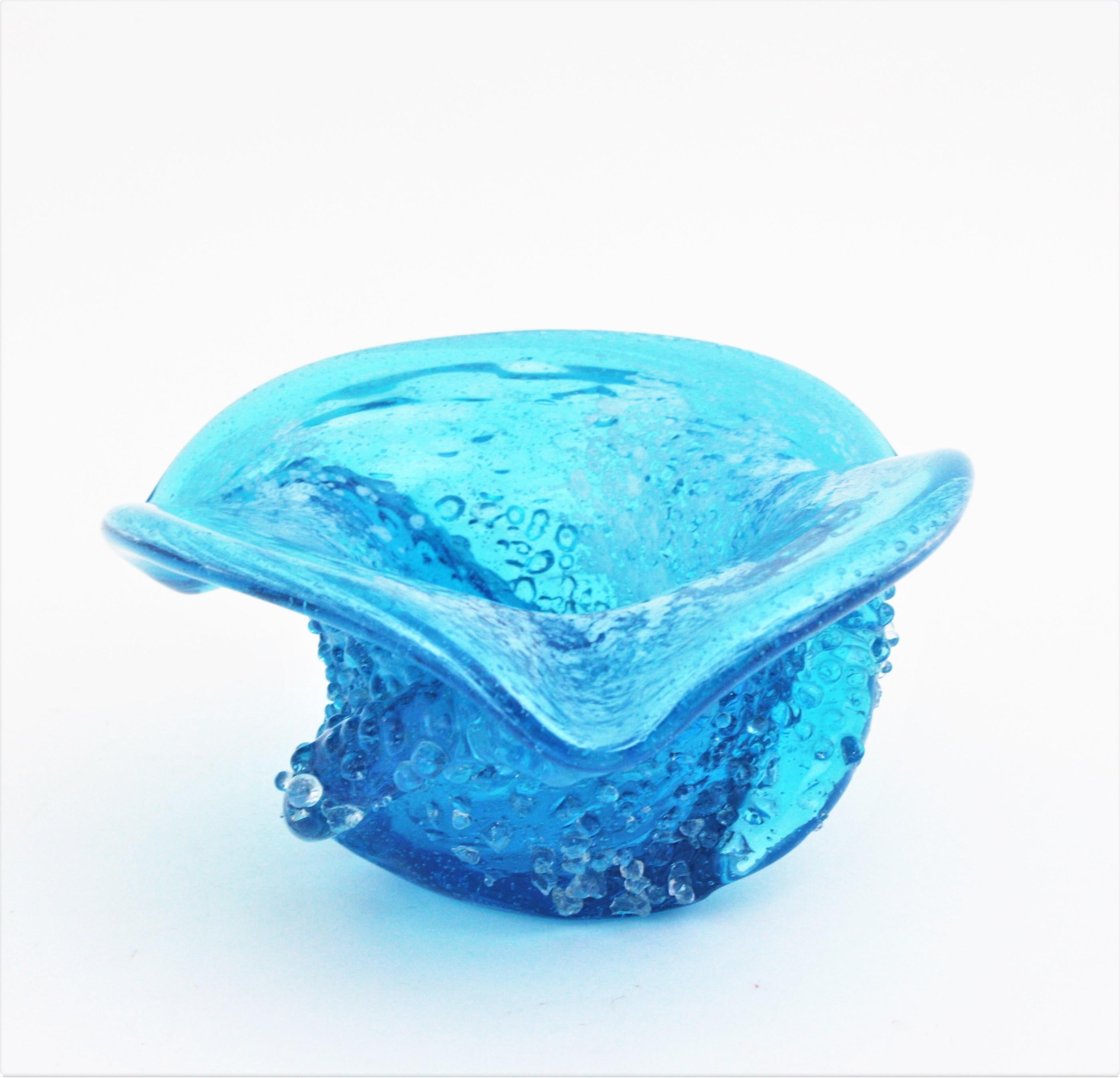 Hand-Crafted Murano Blue Art Glass Centerpiece Bowl with Applied Clear Glass Drops For Sale