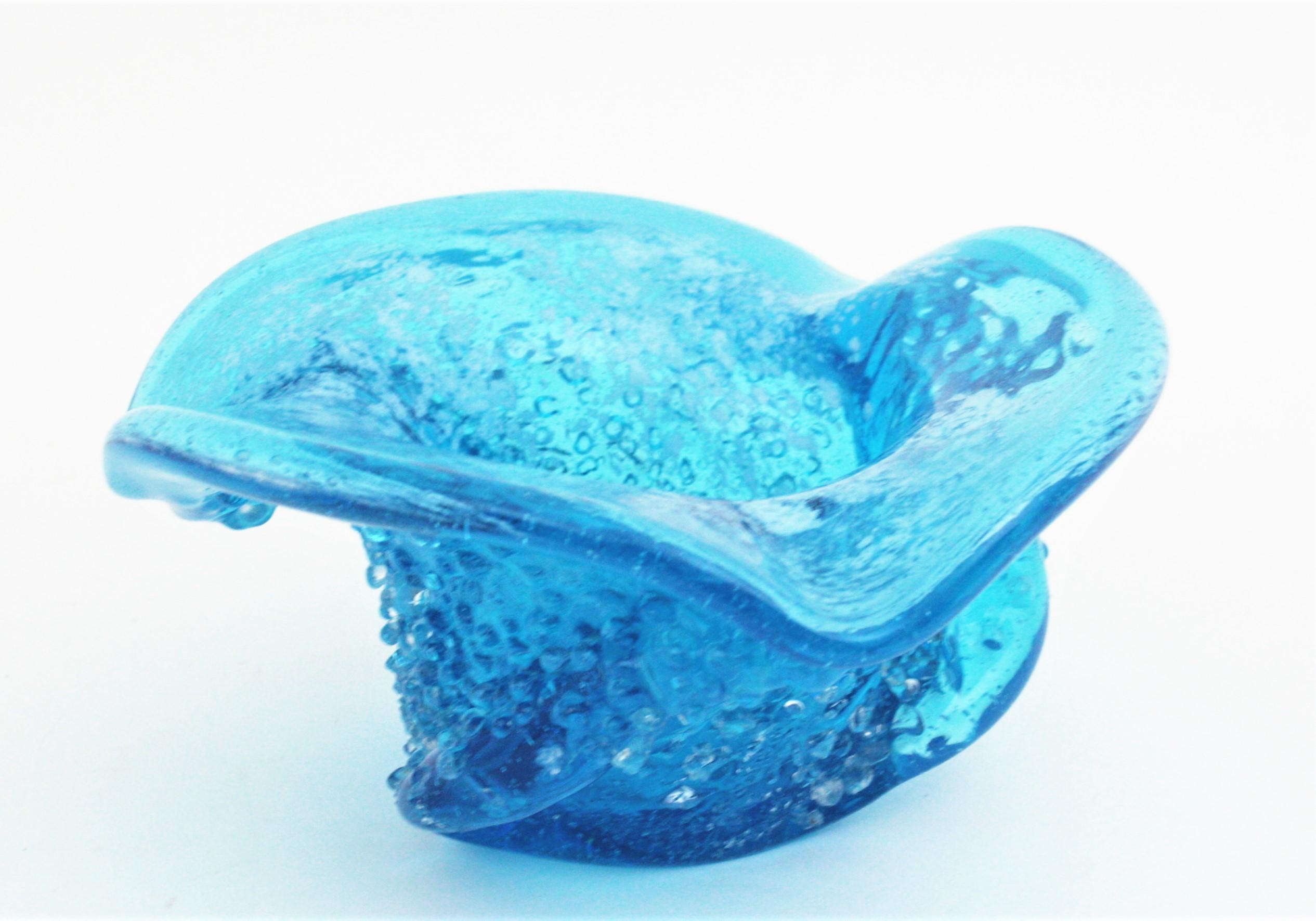 20th Century Murano Blue Art Glass Centerpiece Bowl with Applied Clear Glass Drops For Sale