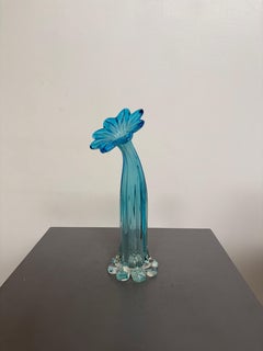 Murano Blue Art Glass Flower Vase with a Flared Petal Rim and Ribbed Stem