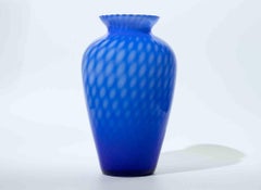 Murano Blue Art Glass Vase with Optic Pattern & Ruffled Rim, 1970s