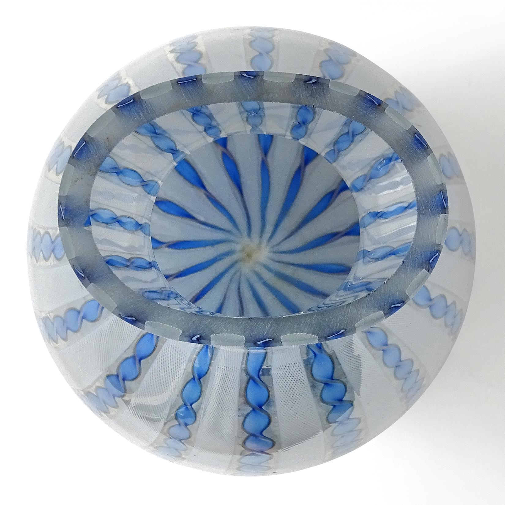 Mid-Century Modern Murano Blue Aventurine White Zanfirico Ribbons Italian Art Glass Flower Vase