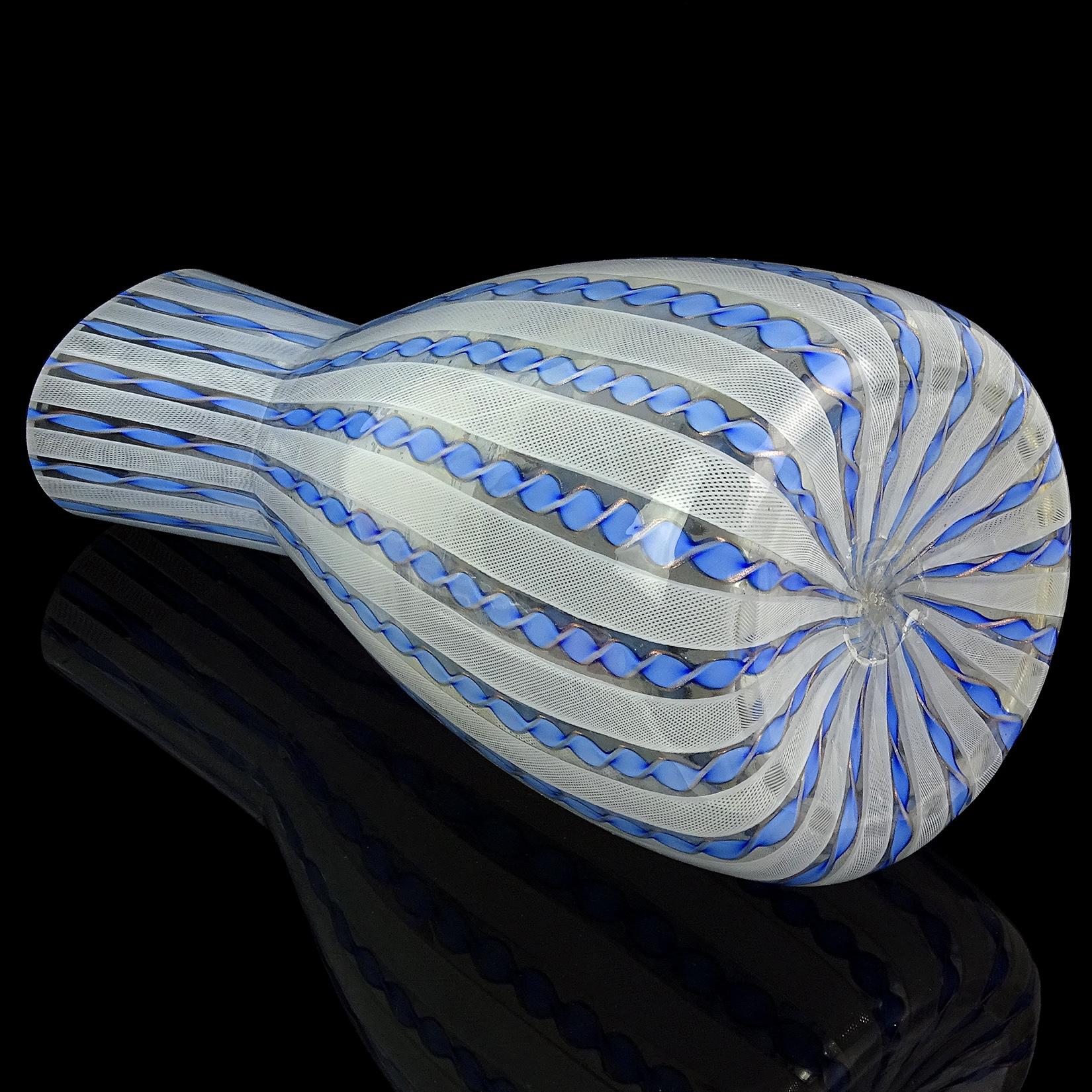 Murano Blue Aventurine White Zanfirico Ribbons Italian Art Glass Flower Vase In Fair Condition In Kissimmee, FL