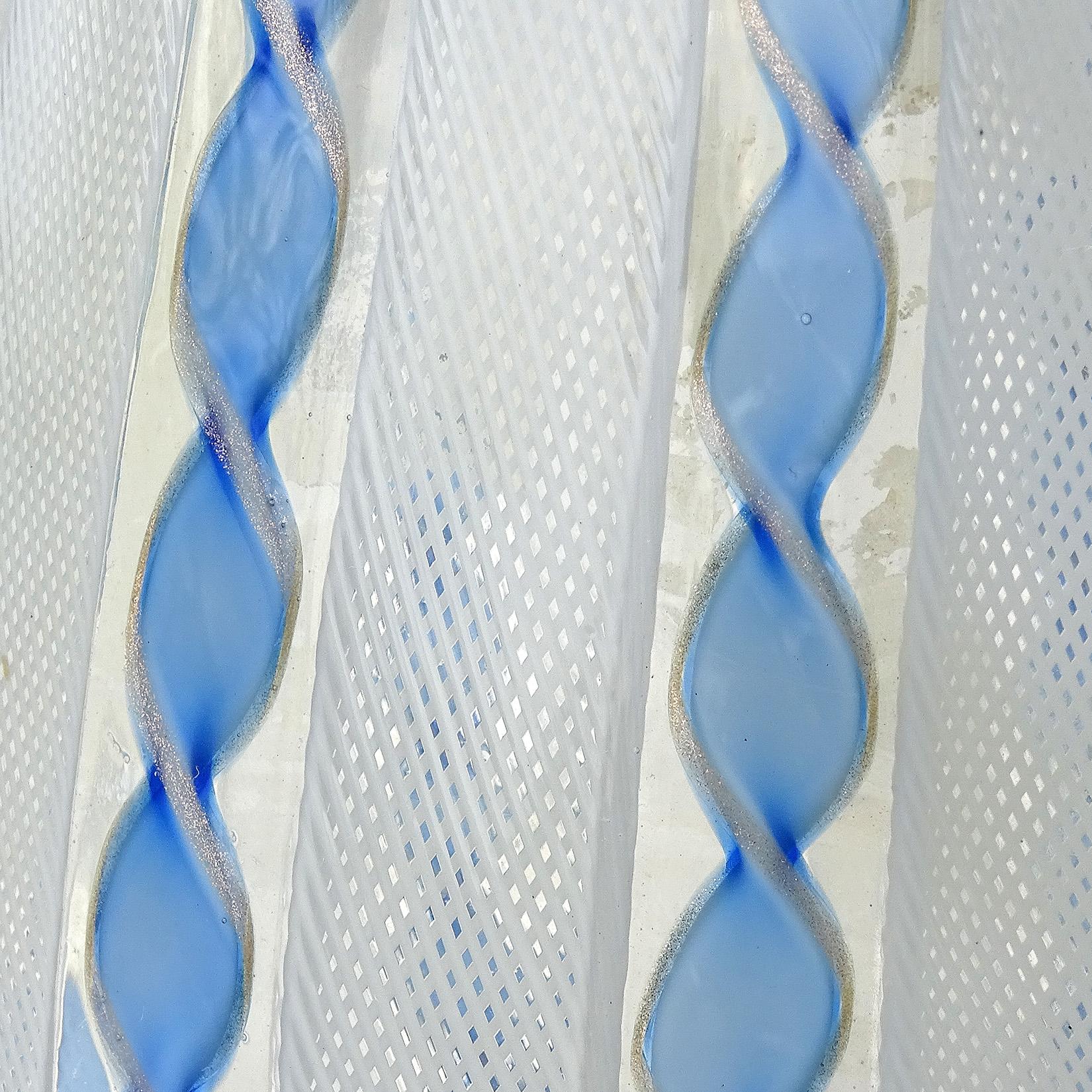 20th Century Murano Blue Aventurine White Zanfirico Ribbons Italian Art Glass Flower Vase