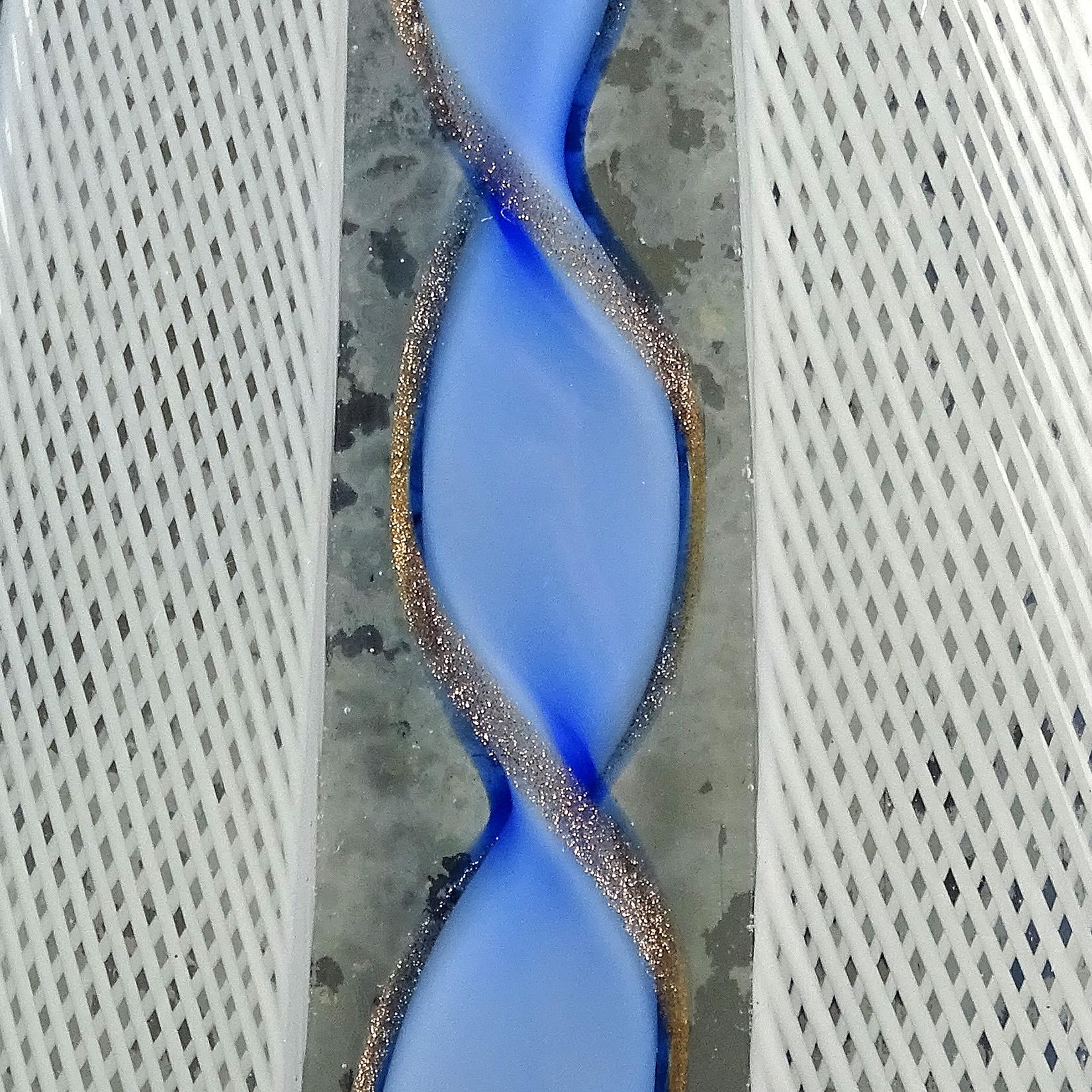 Murano Blue Aventurine White Zanfirico Ribbons Italian Art Glass Flower Vase 1
