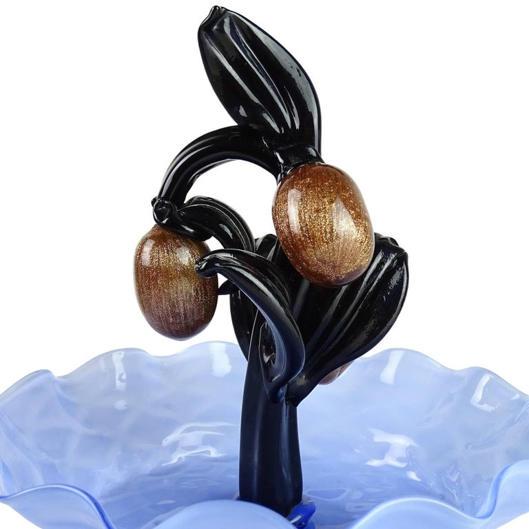 Gorgeous antique Murano hand blown blue, black and aventurine flecks Italian art glass potted plant decorative sculpture. Created in the manner of the Venini and Seguso Vetri d' Arte companies. Has a diamond quilt design on the bowl, with applied