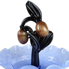 Murano Blue Bowl Black Leafs Aventurine Fruit Italian Art Deco Glass Sculpture