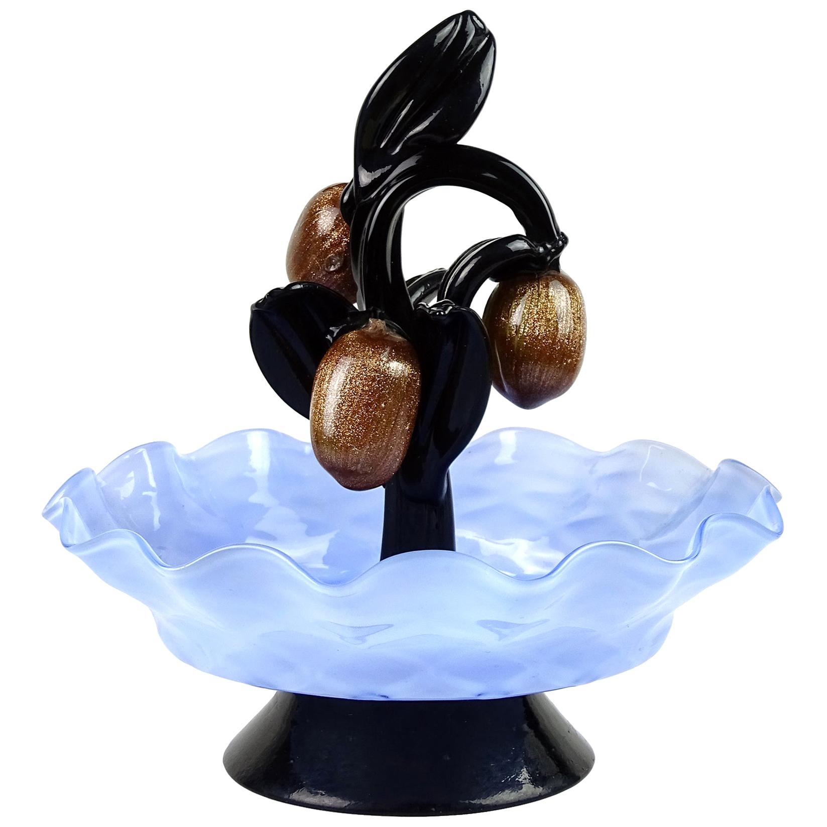 Murano Blue Bowl Black Leafs Aventurine Fruit Italian Art Deco Glass Sculpture For Sale