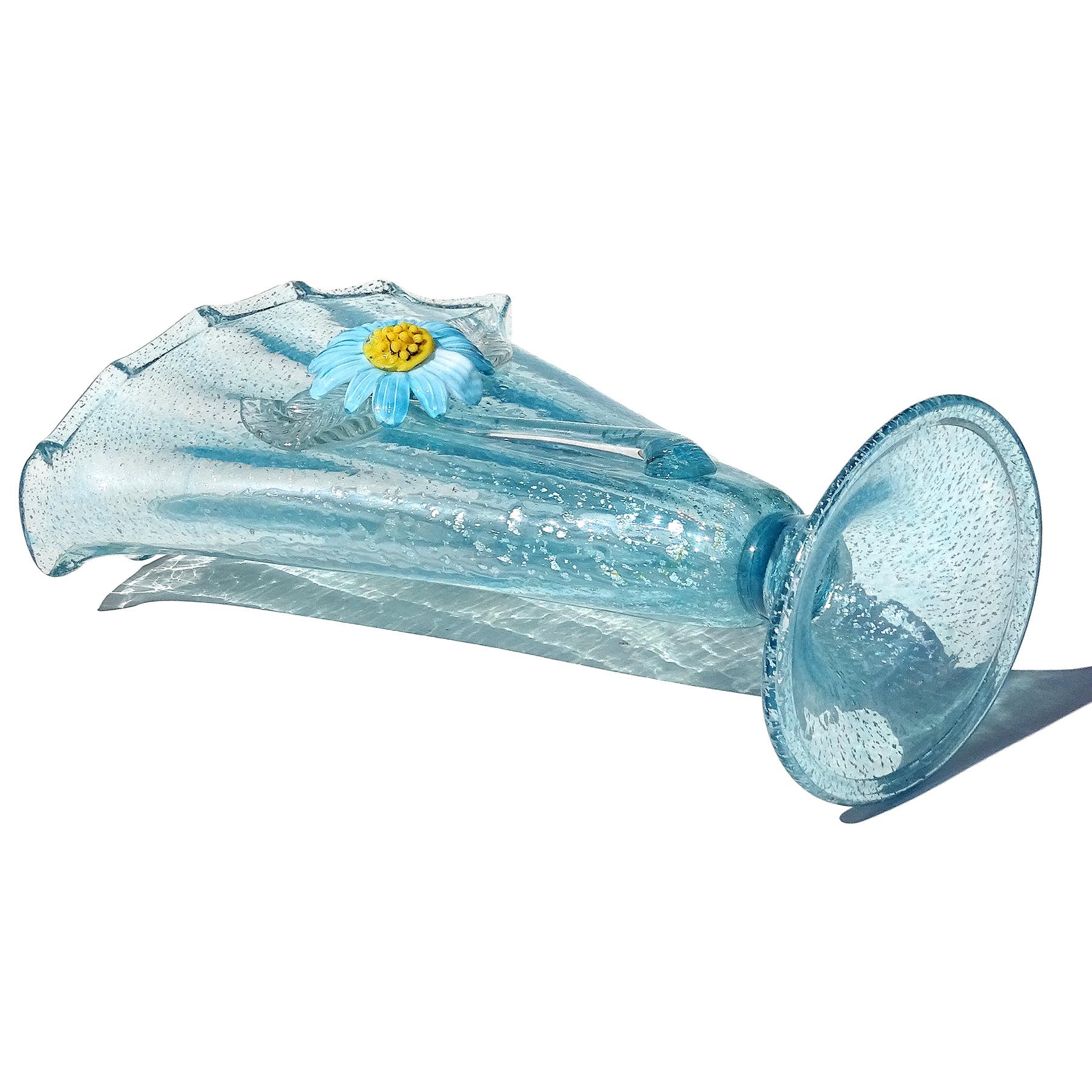 Murano Blue Daisy Silver Flecks Italian Art Glass Tall Fan Shape Flower Vase For Sale 2
