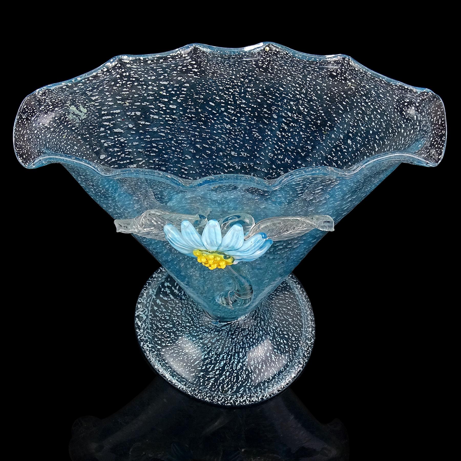 Art Deco Murano Blue Daisy Silver Flecks Italian Art Glass Tall Fan Shape Flower Vase For Sale