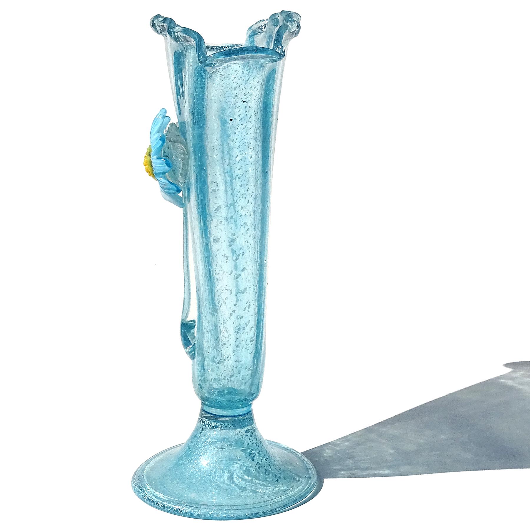 20th Century Murano Blue Daisy Silver Flecks Italian Art Glass Tall Fan Shape Flower Vase For Sale