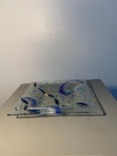 Murano Blue Fused Art Glass Square Tray with Abstract Decoration