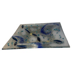 Murano Blue Fused Art Glass Square Tray with Abstract Decoration