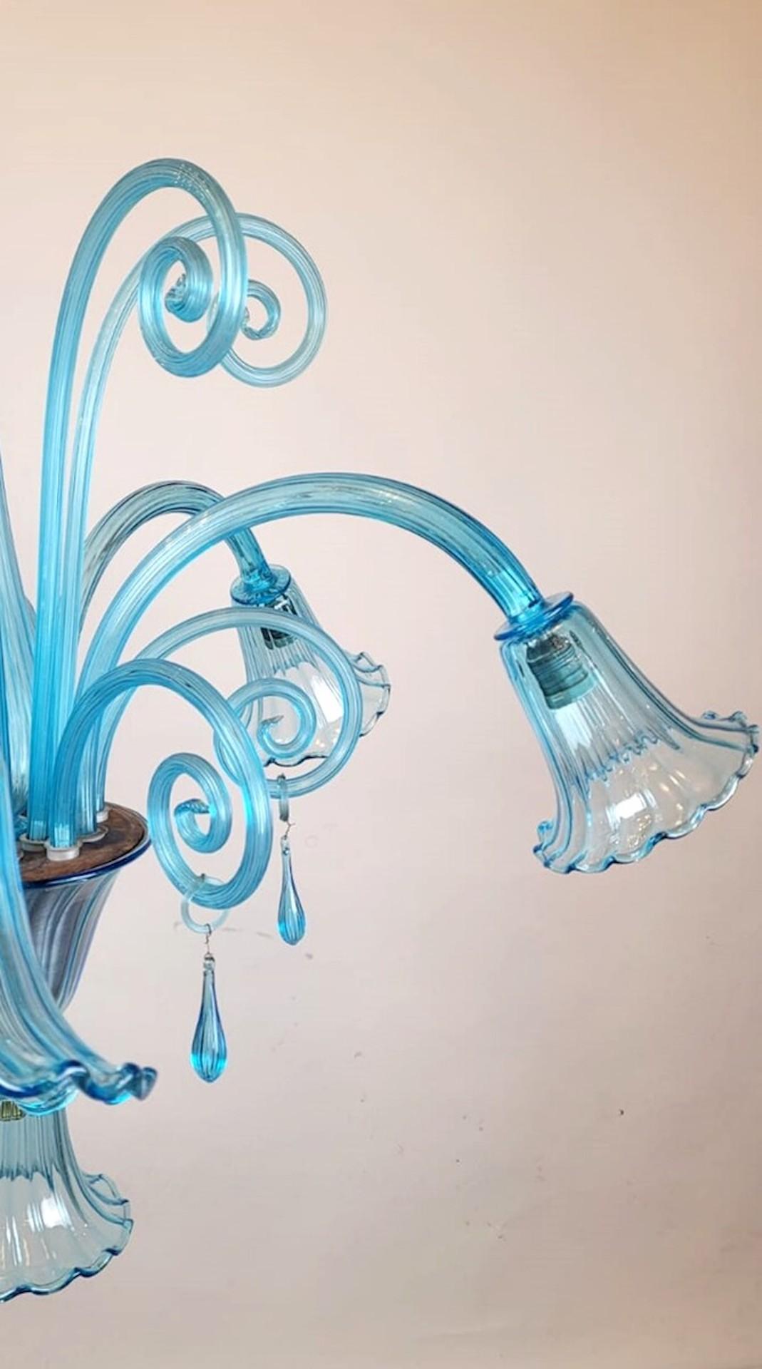 Mid-Century Modern Murano Blue Glass Chandelier - 5 Arms Of Light, 1940s For Sale