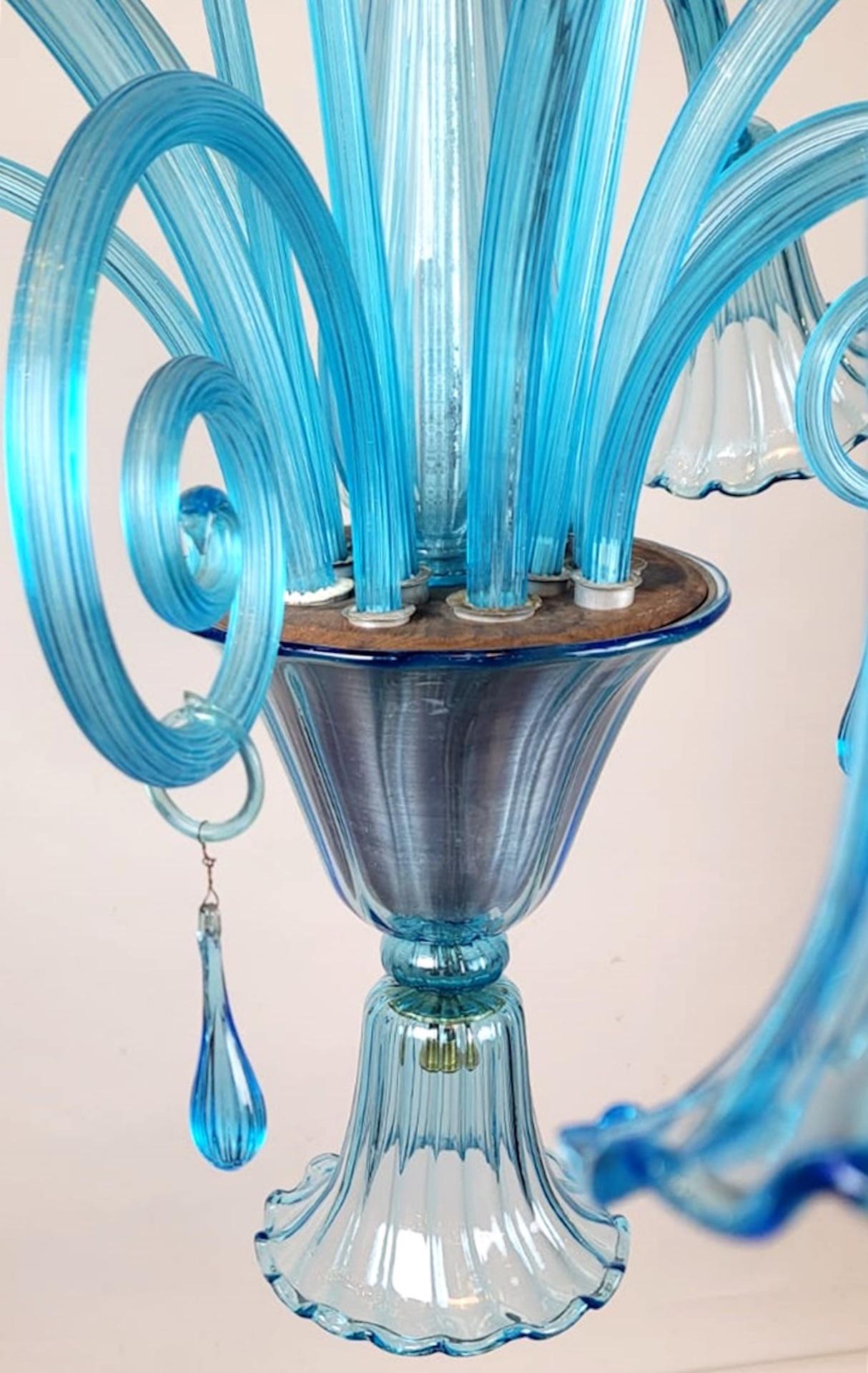 Mid-20th Century Murano Blue Glass Chandelier - 5 Arms Of Light, 1940s For Sale